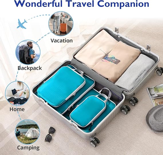 Compression Packing Cubes, 8 Set Packing Cubes for Travel Compression, Lightweight Compressible Package Organizer for Carry On and Suitcases, DustyBlue and Grey