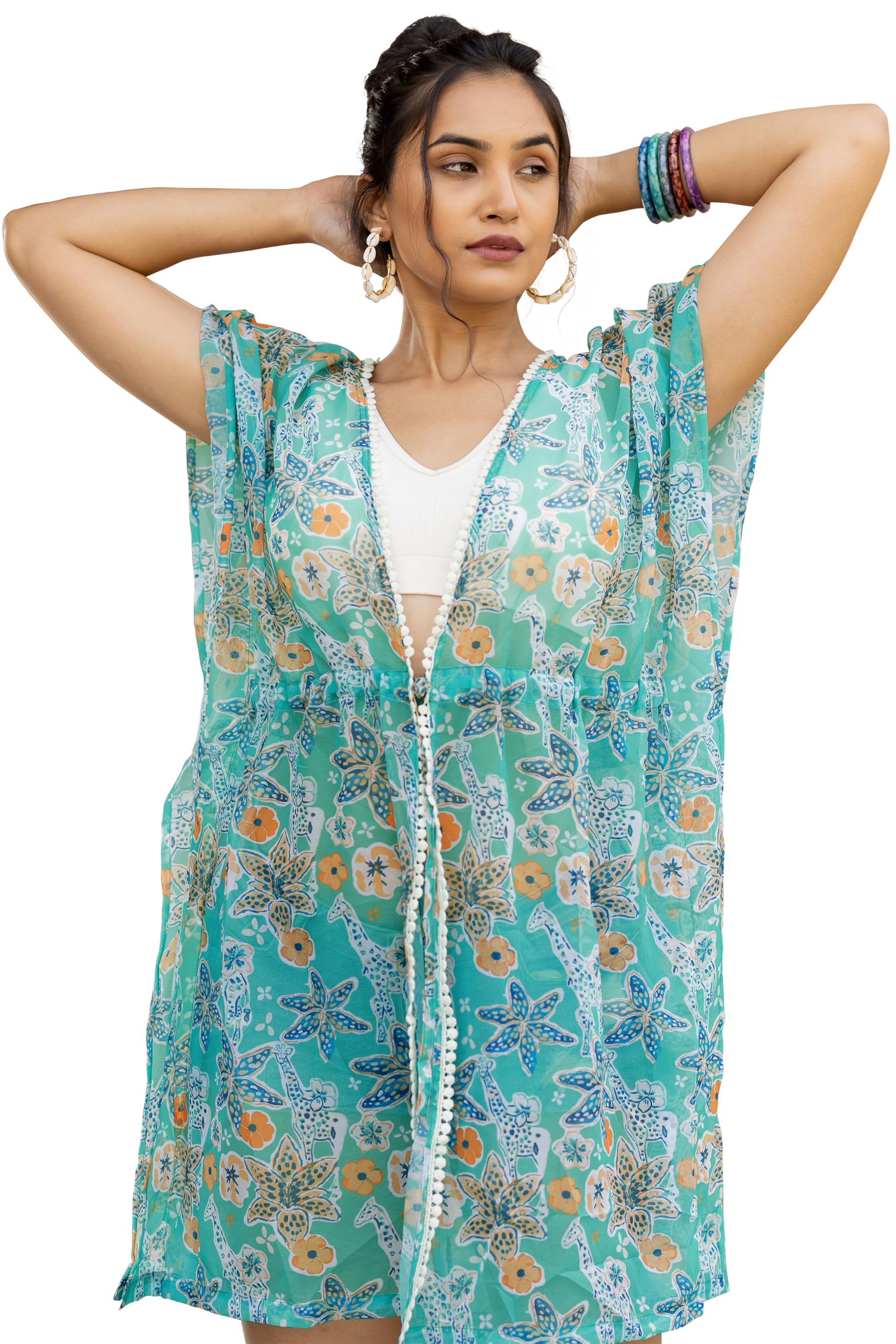 Women's Georgette Quirky Printed Beachwear Kaftan Dress Shrug Coverup, Resort Pool Wear-image-16