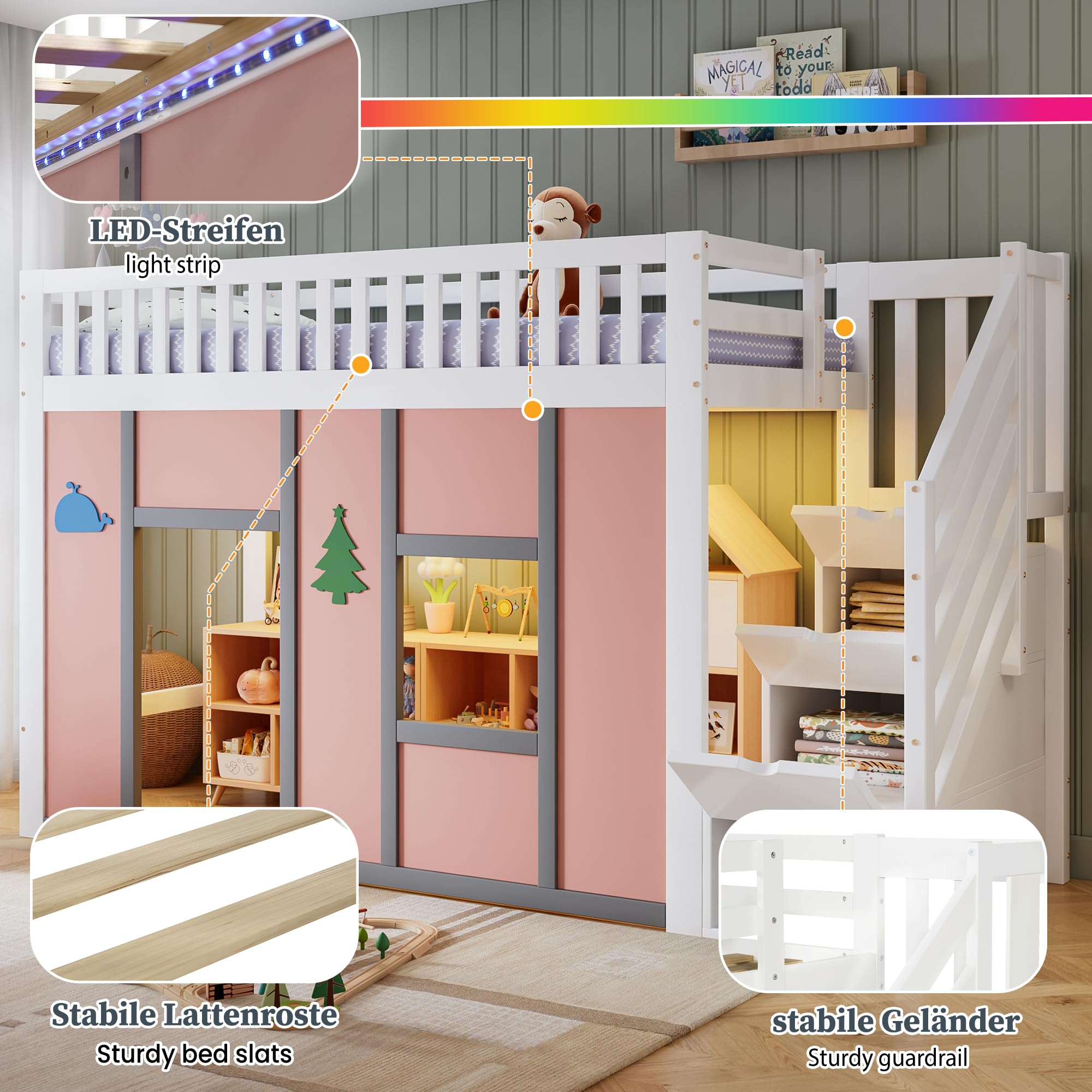 Lit Mezzanine 90x200 cm Blanc Rose Lit Mezzanine 1 Place avec Escalier Rangement LED Éclairage Rausfallschutz Décoration Chambre D'Adolescent Sécurisé Design Moderne