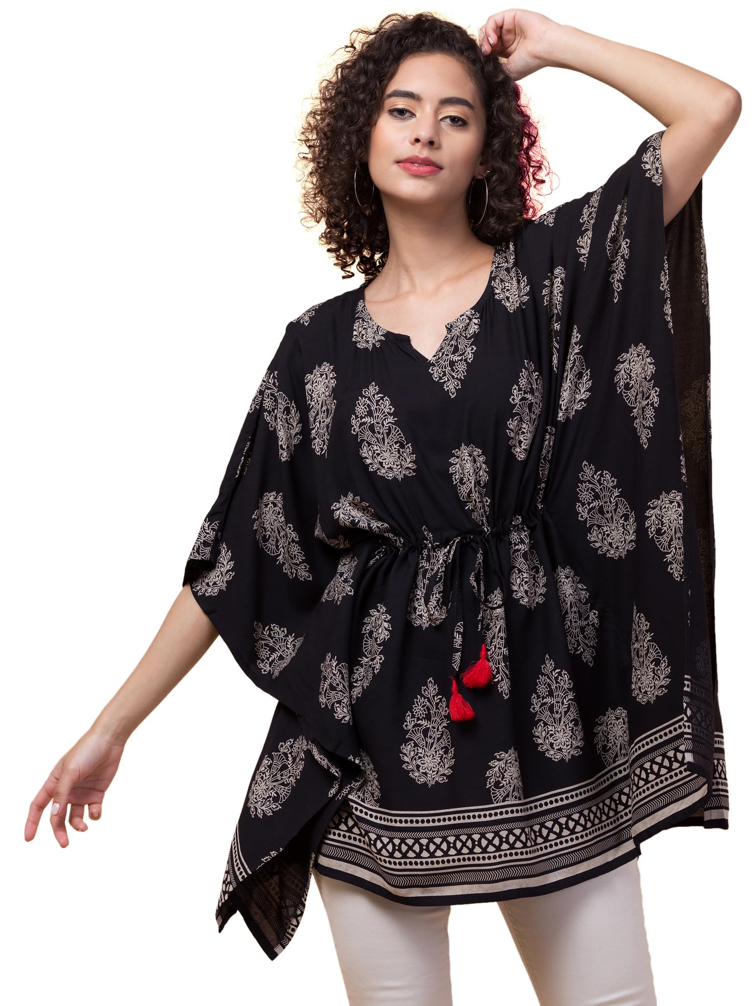 hive91 Floral Elegance: Rayon Kaftan with Fringes-picture-4