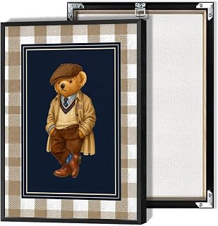 Vintage Teddy Bear Canvas Wall Art Polo Trench Coat Animals Poster Funny Minimalist Lattice Pictures Canvas Prints Painting For Living Room Bedroom Apartment Wall Decor 16x24in Unframed
