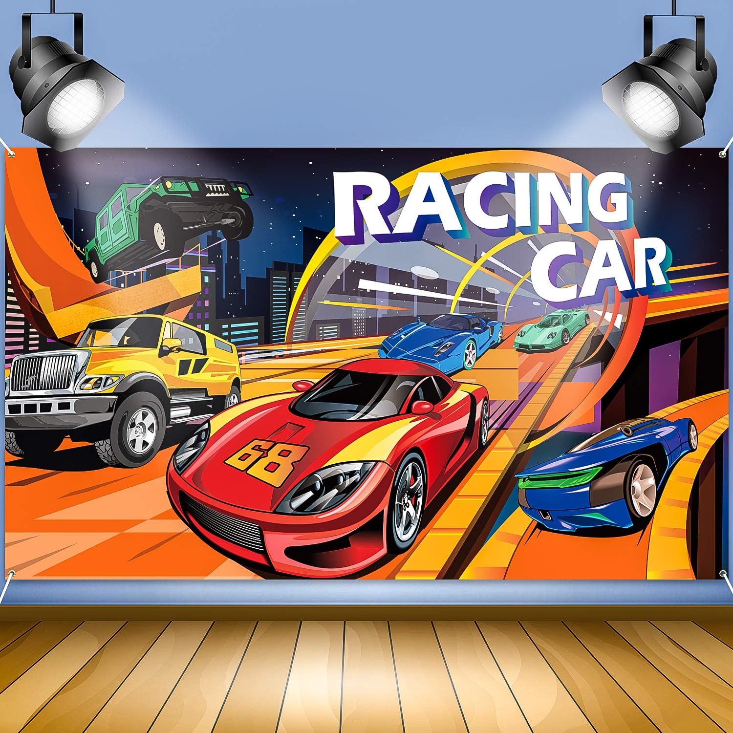 Boao Car Backdrop Racing Car Decorations, Wheels Wild Hot Racer Party Decoration Backdrop Racing Car Decorative Wild Happy Racer Background for Wild Racer Wall Decoration Party Decor