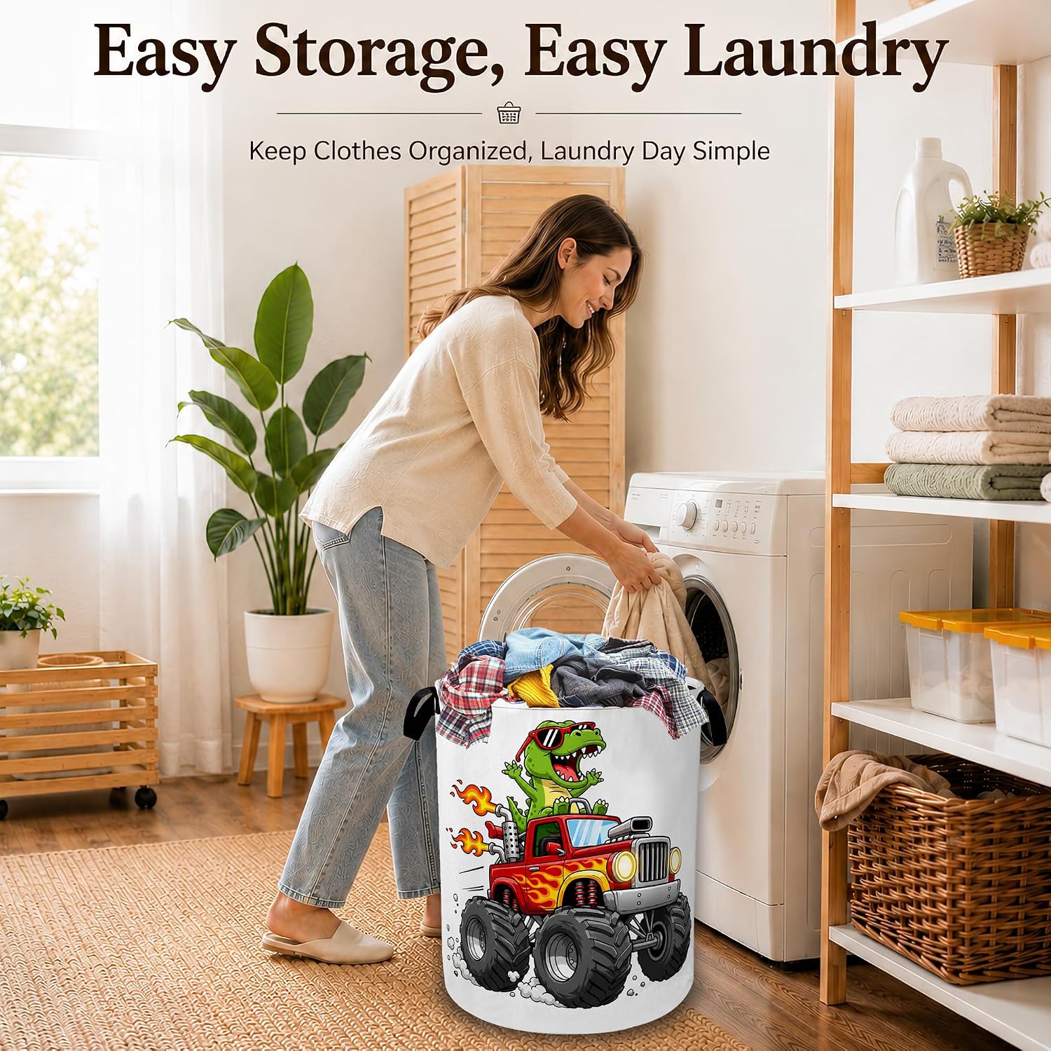 Dinosaur Truck Laundry Basket with Handles, Foldable Tall Oxford Clothes Hamper, Lightweight Water-Resistant Storage Bin for Bedroom Bathroom College Dorm, 16 x 20.8 Inch