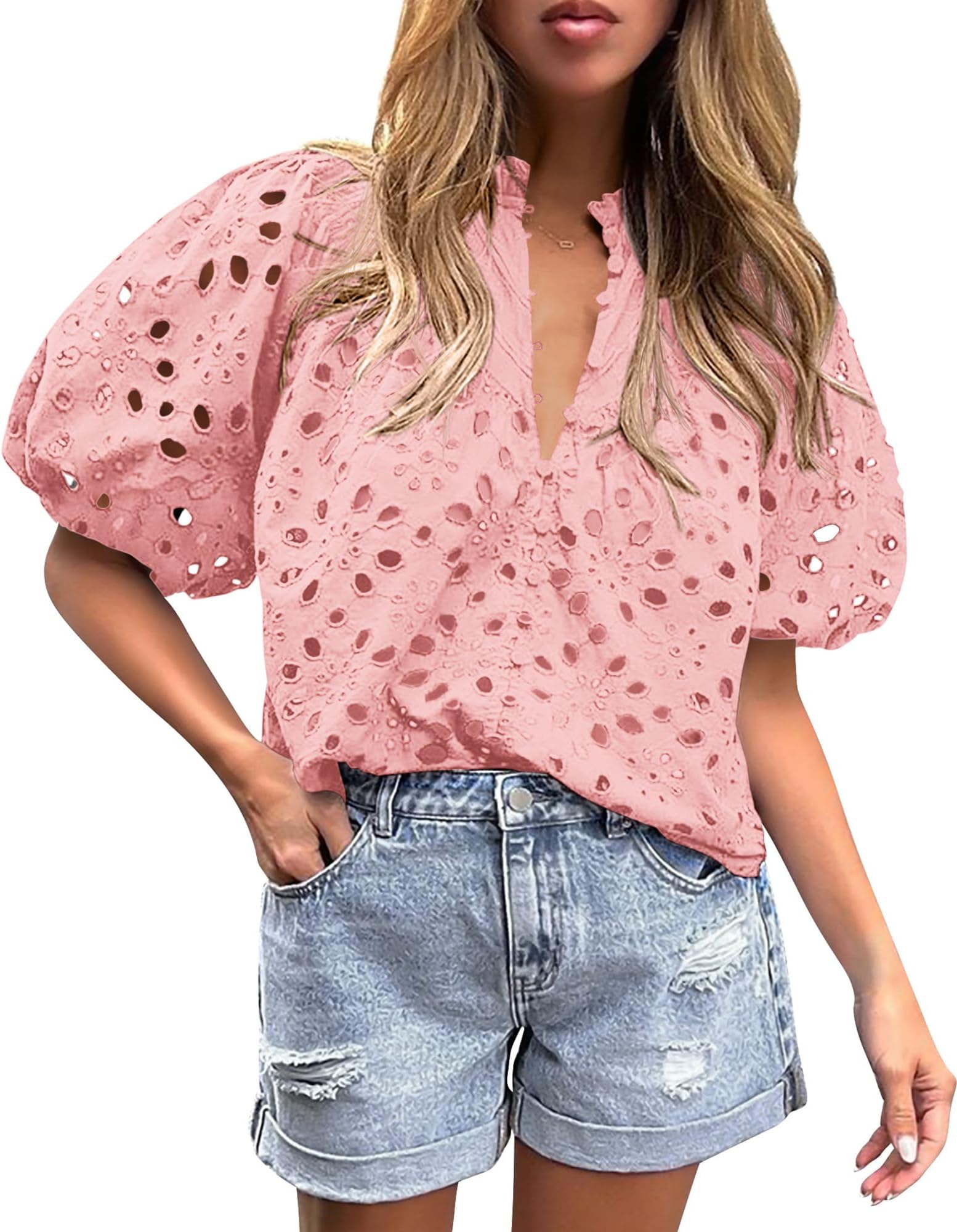 - Women's Summer Tops 2026 Dressy Casual Short Sleeve V Neck Buttons Hollow Eyelet Lace Embroidered Blouses Shirts