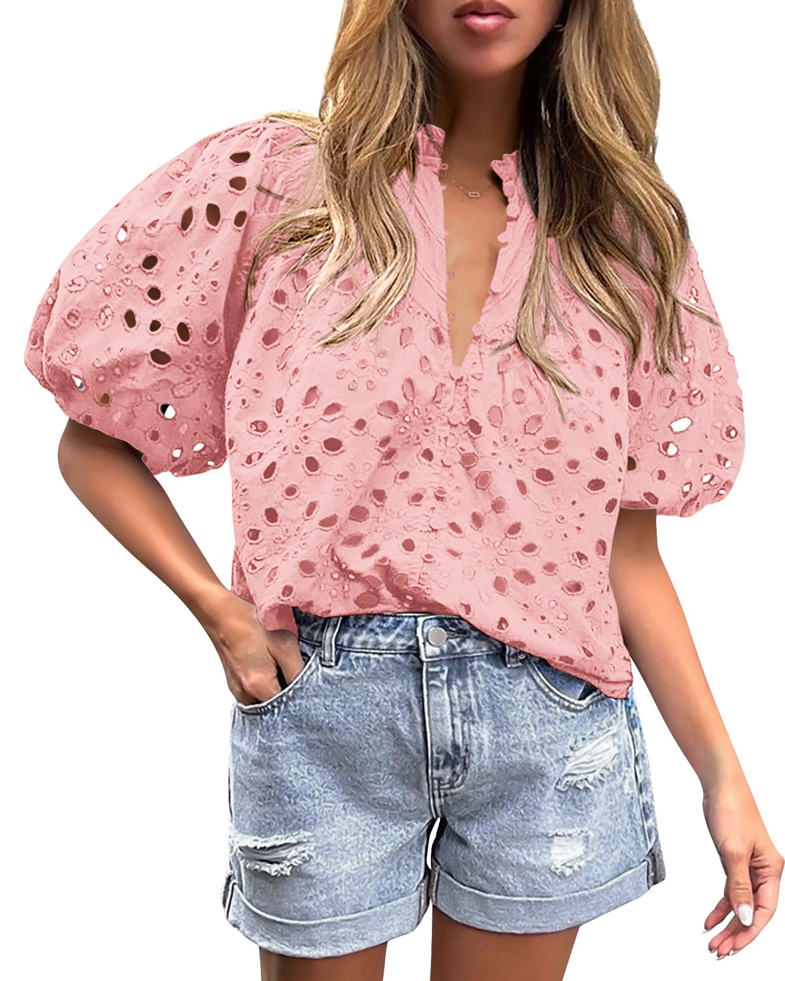 PRETTYGARDENWomen's Summer Tops 2025 Dressy Casual Short Sleeve V Neck Buttons Hollow Out Lace Embroidered Blouses Shirts