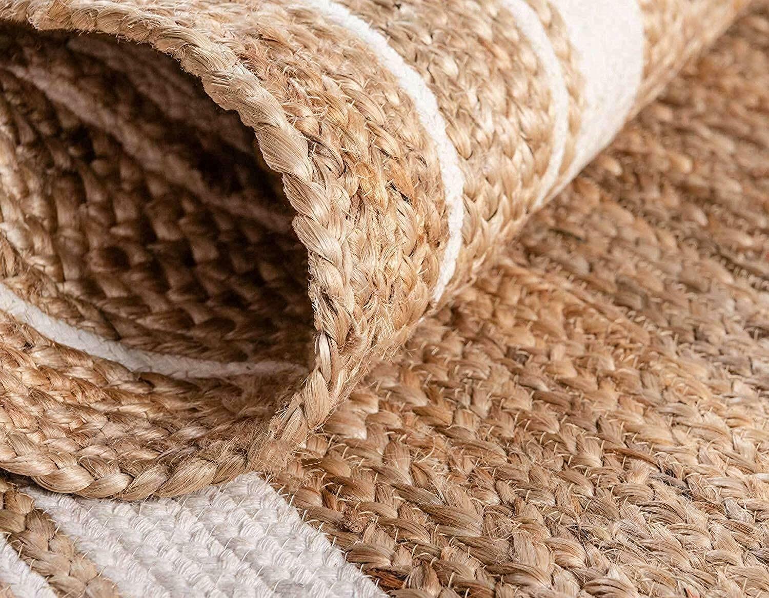 Tapis rond en jute naturelle tressé, fait à la main, réversible (150 x 150 cm) - Beige et blanc