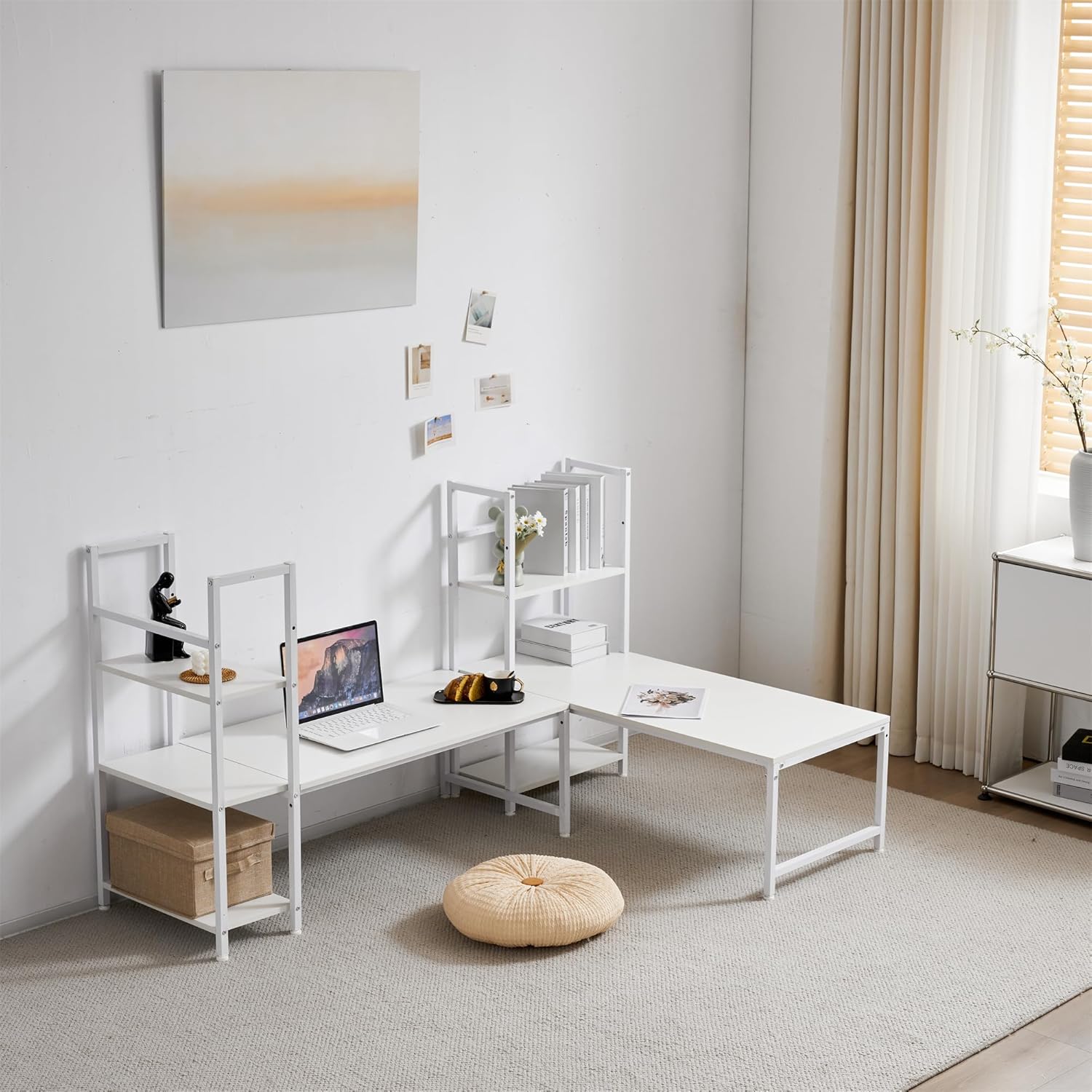 【グレー】H型PCデスク ロータイプ一体型 ラック付きデスクワークデスク木製 登場【グレー】 H型PCデスク ロータイプ一体型 ラック付き デスク