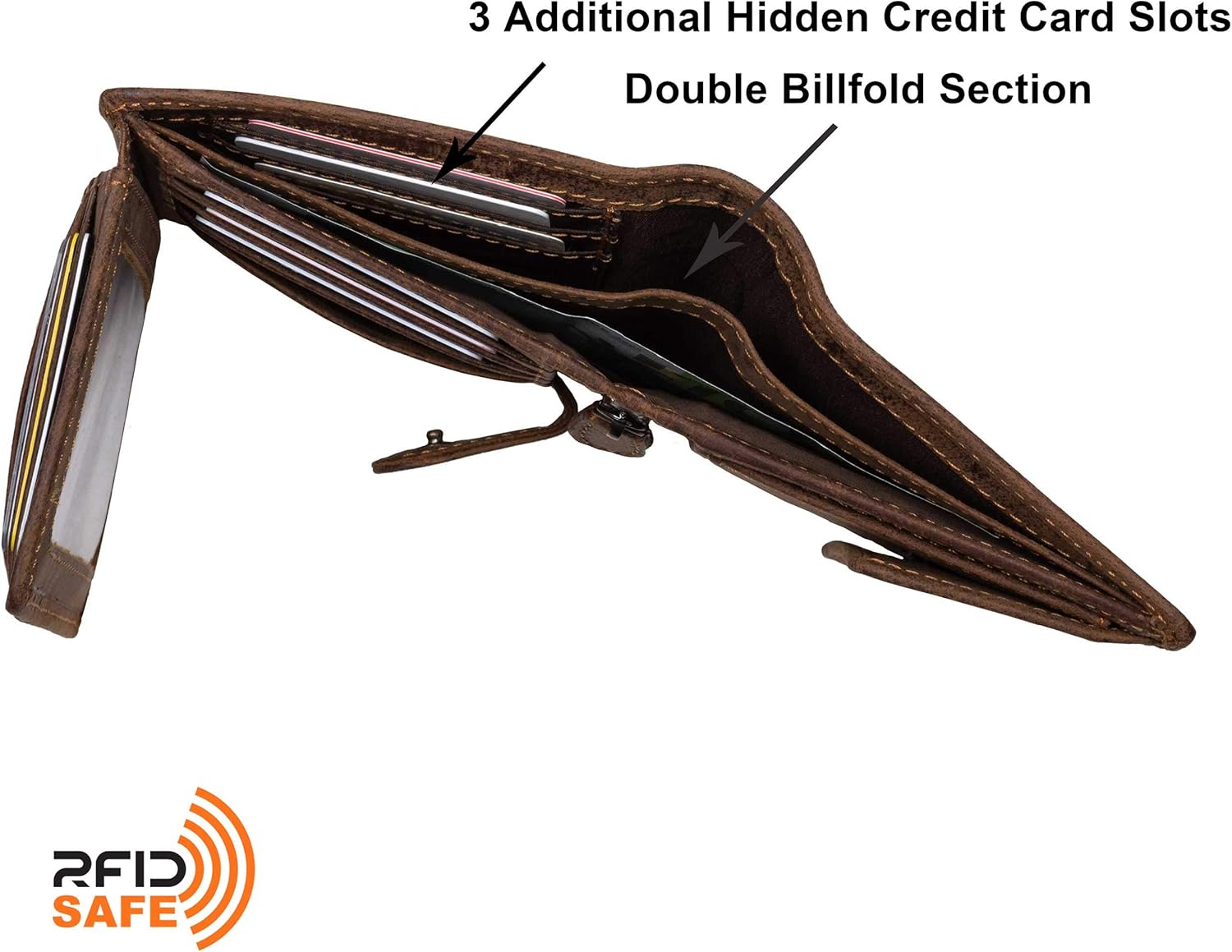 DiLoro Mens Full Size Large Capacity Genuine Full Grain Leather Wallet Bifold Flip ID Coin & Zip Pockets RFID Blocking Anti-Theft (Bugatti Tan) - Image 6