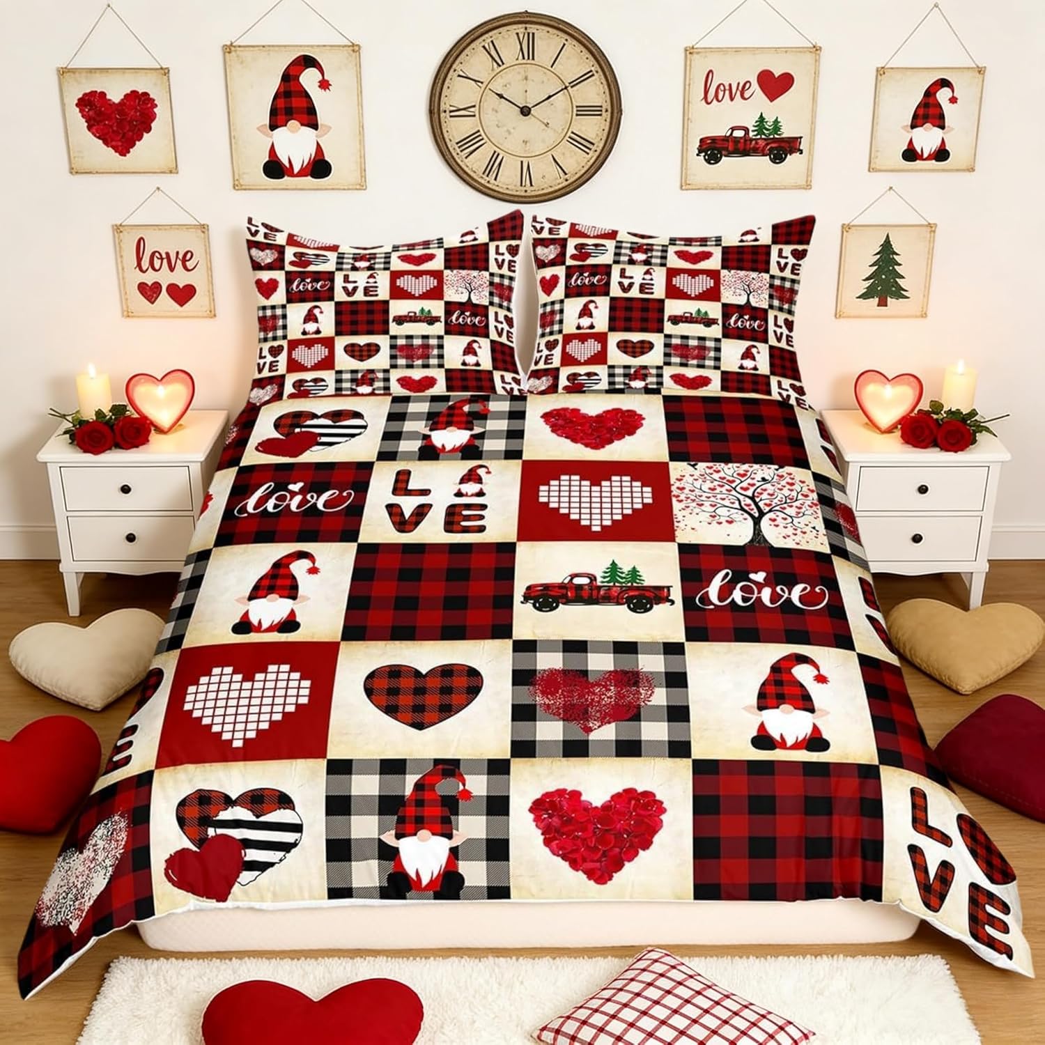 Castle Fairy Valentine's Day Bedding Set,Red Rose Duvet Cover for Kids Teen Boys Girls,Love Pattern Comforter Decorative Room,Romantic Theme Quilt Cover with 2 Pillowcases,King Size King 104''x90''