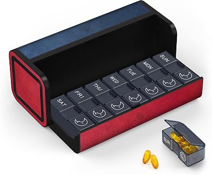 Medicine Pill Organizer, 7 Day AM PM Pill Box 2 Times a Day, Travel Leather Pill Case, Pressing The Double Opening, Holds Medication Vitamins Fish Oil and Supplements Red and Blue