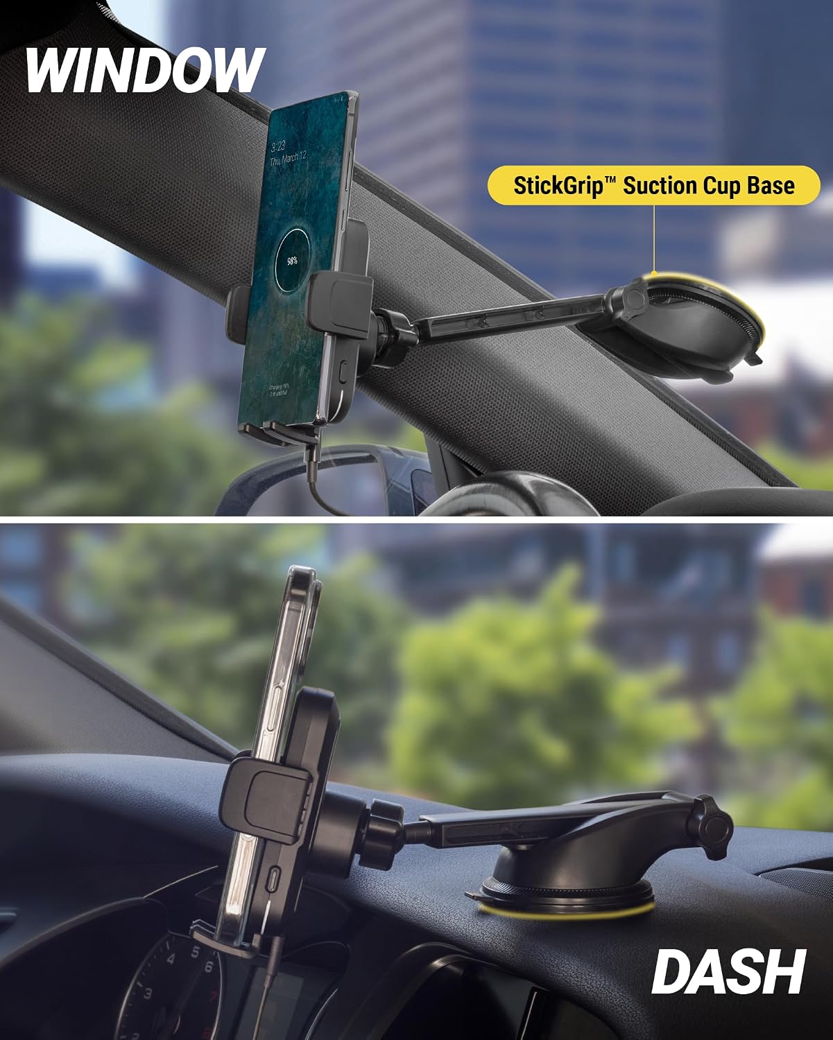 Scosche Wireless Car Charger Mount, Auto-Clamping Car Phone Holder Charger for Dashboard/Windshield with Adjustable Arm, 360° Rotation, Compatible with iPhone, Samsung, and More Android Phones