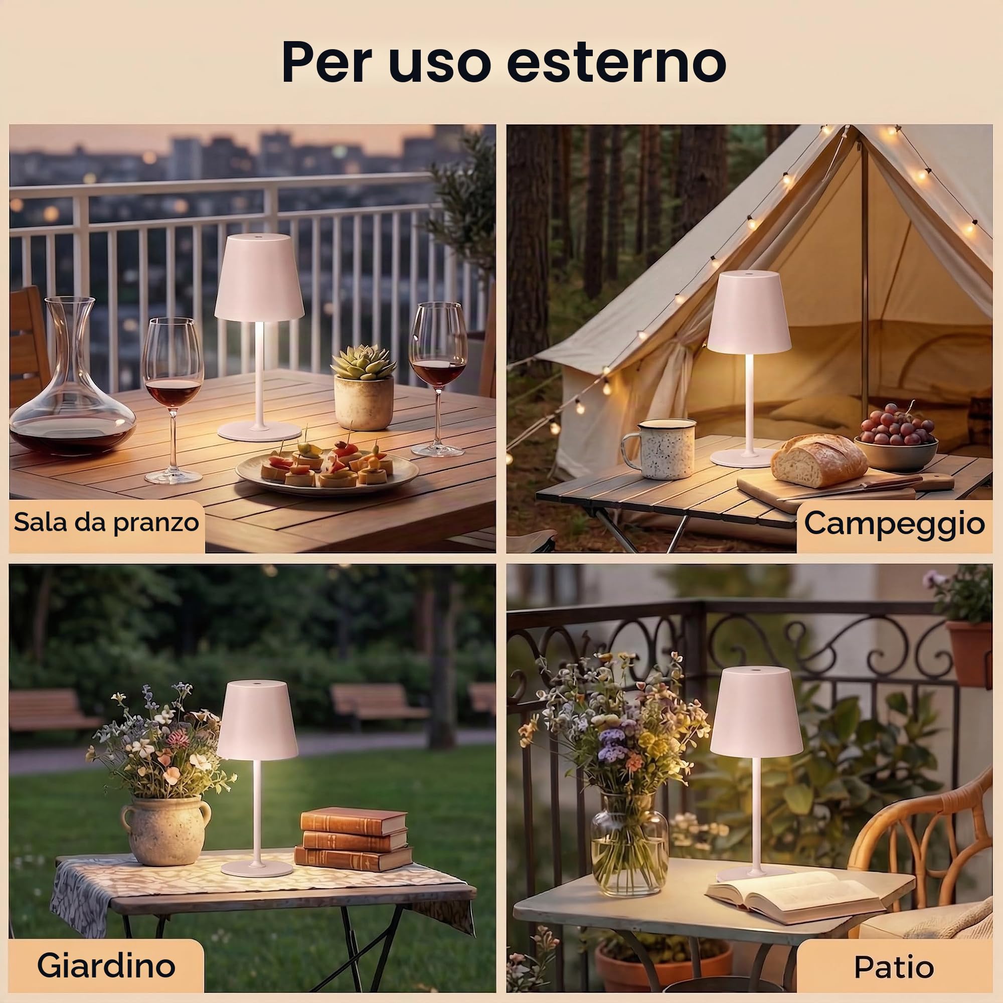 2 Pezzi Lampada da Tavolo Senza Fili in Metallo, Lampada Comodino | Lampada da Scrivania Ricaricabile, Abat Jour LED per Interno Esterno, Luce Calda a 3 Livelli, Corpo Metallico,IP54,Rosa Beige