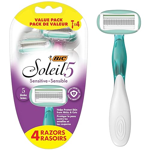 BIC Soleil Sensitive Advanced Women's Disposable Razors With 360 Degree Water Activated Moisture Strip for Enhanced Glide, Shaving Razors With 5 Blades, 4 Count