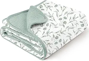 Konssy Muslin Baby Blankets for Girls Boys, 100% Cotton Crib Blanket for Infant Toddler, Super Soft and Lightweight Nursery Swaddling Wrap 40"x36" (Green Leaves)