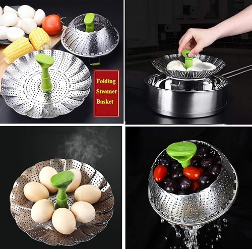Miniatura 3 de Cesta de vapor para verduras, cesta plegable de acero inoxidable para cocinar mariscos y pescados vegetarianos, expandible para adaptarse a ollas de