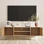TV Se tenir debout pour 55 60-inch TV, Centre de divertissement avec 2 Cabinets,TV Console avec porte à charnières souple avec poignée et pieds en or,TV Stand avec rangement pour salon, naturel et or
