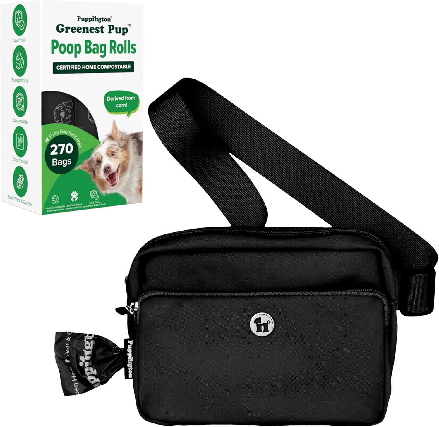 Puppington 3-in-1 Crossbody Bag & Dog Treat Pouch for Pet Training with 270 Matching Compostable Poop Bags (Onyx Black)
