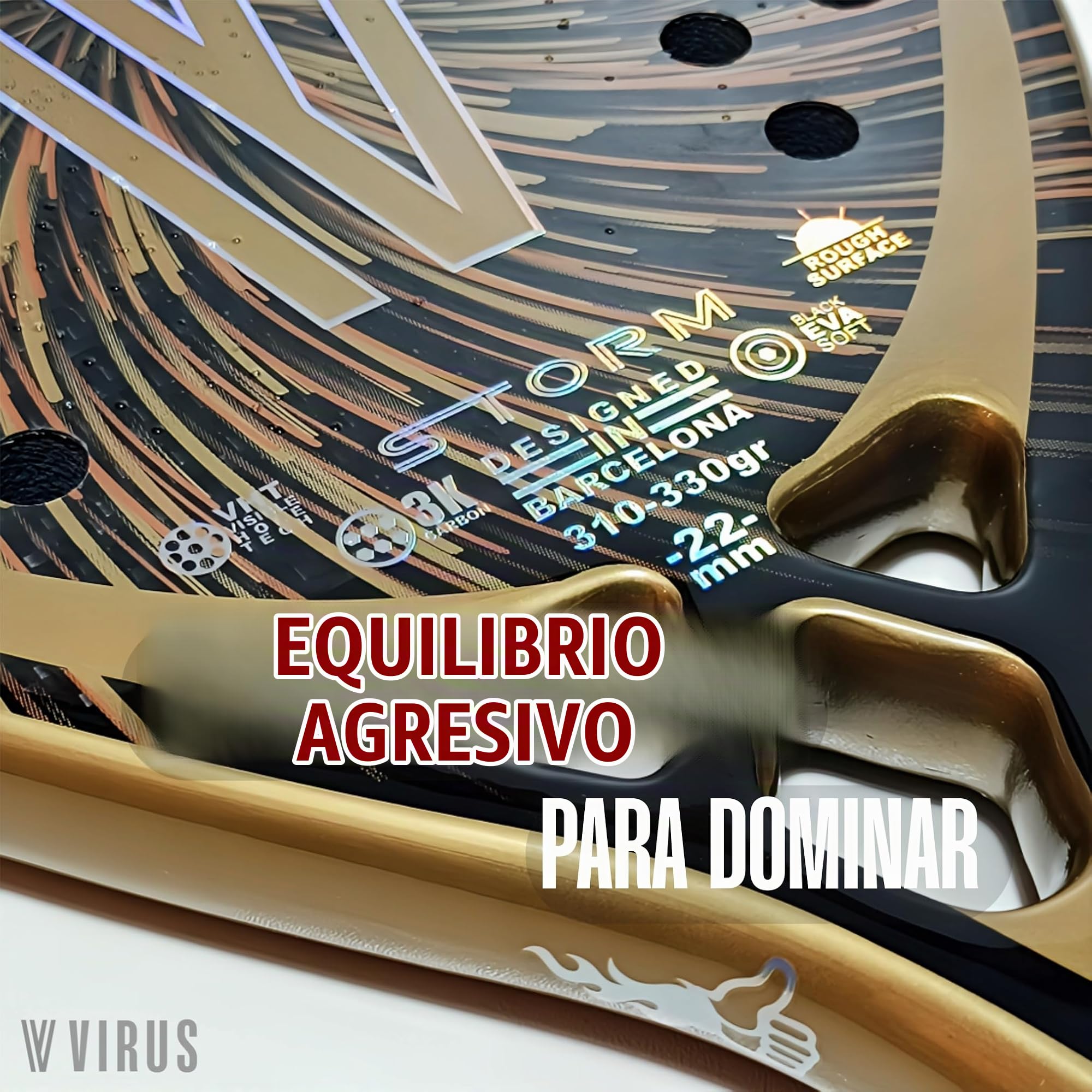 VIRUS Storm Raqueta Beach Tennis Profesional – Carbono 3K, Black EVA Soft, Balance Medio, Potencia y Precisión, Incluye Funda
