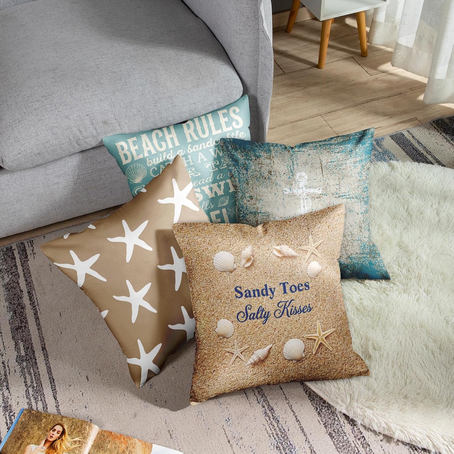 Emvency Set of 4 Throw Pillow Covers Beach Starfish Words Rules Holiday Summer Nautical Anchor Distressed Taupe Decorative Pillow Cases Home Decor Square 26x26 Inches Pillowcases