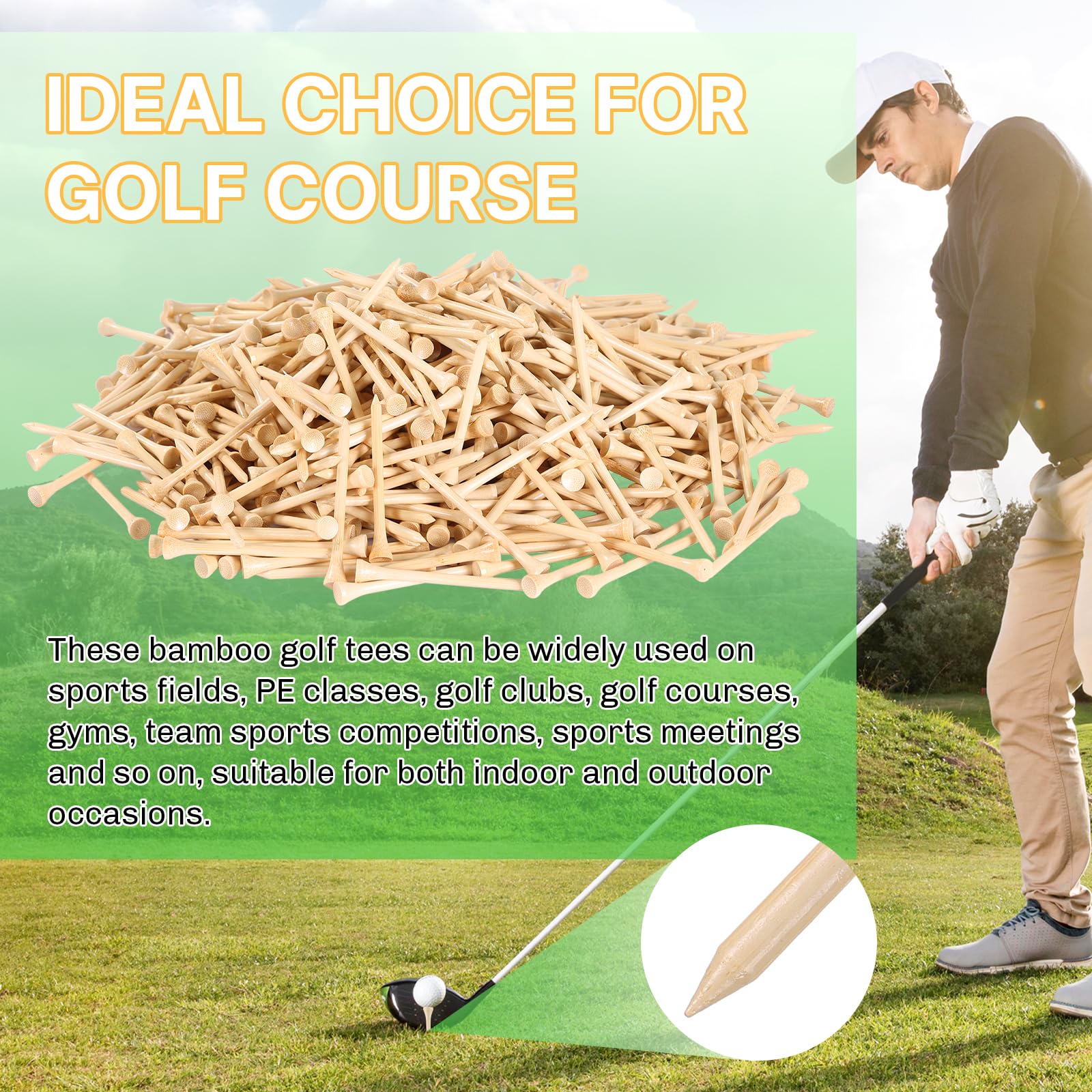 Camisetas de golf de bambú, 1000/500/250 piezas de 2-3/4 y 3-1/4 pulgadas de longitud, camisetas de golf de bambú, 7 veces más fuertes que las de madera, reducen la fricción y el giro lateral