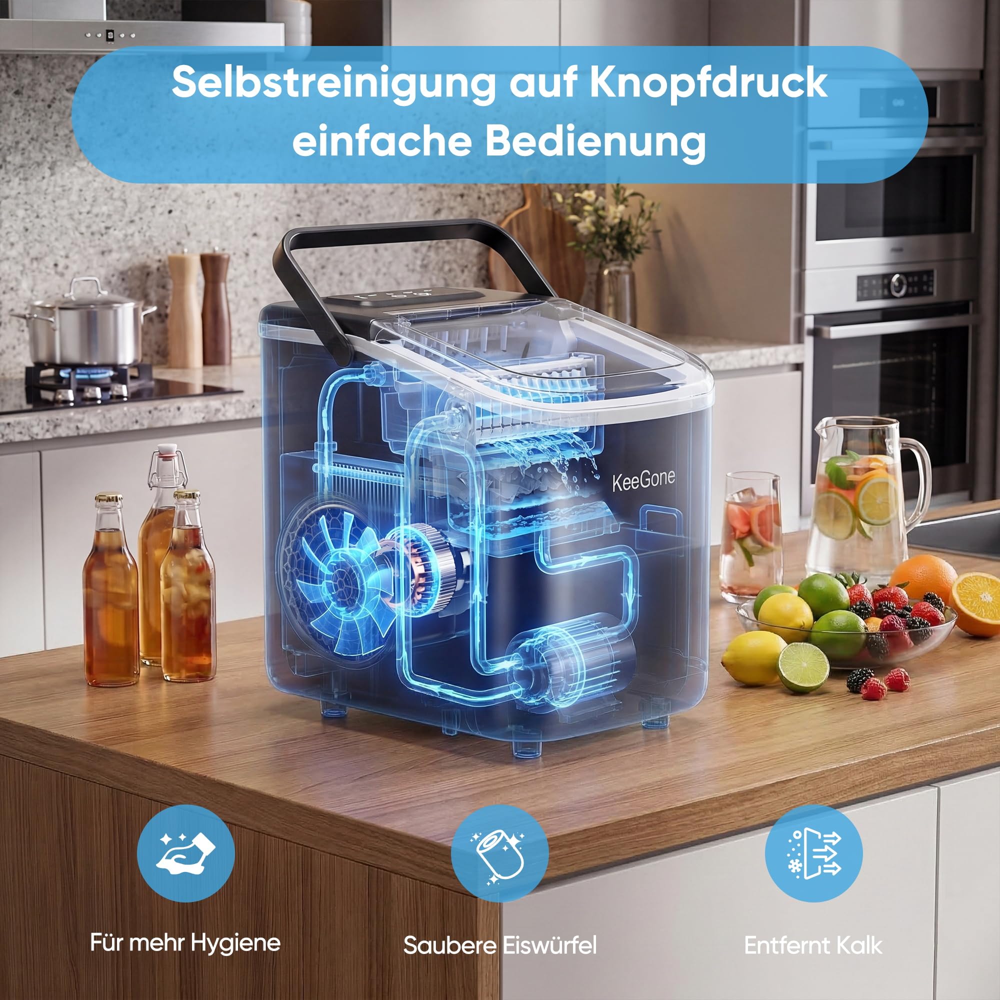 Eiswürfelmaschine Klein mit 1,2 Liter Wassertank 9 Würfel in 6 Minuten fertig Schwarz Ice Maker mit Tragbarem Griff 10KG/24H Selbstreinigendes Eiswürfelmaschinen für Küche Büro Bar und Party
