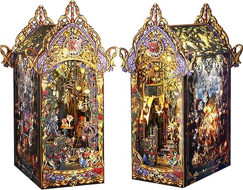 Spilay Kit de rincón de libros para bricolaje, kit de casa de muñecas en miniatura con caja de música de muebles y LED, rompecabezas de madera 3D