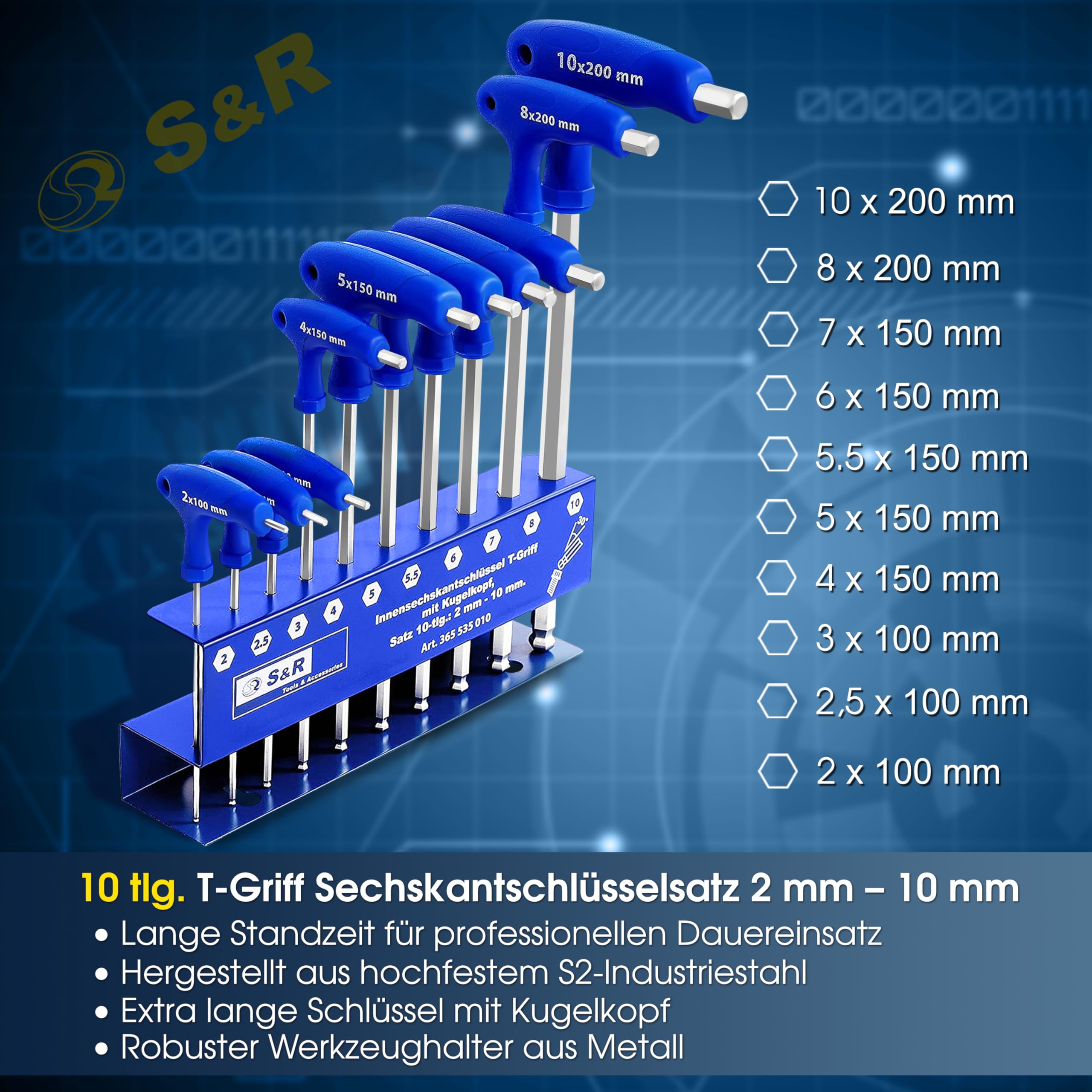 S&R Innensechskantschlüssel Satz HX, S2 Hochleistungsstahl, T-Griff, Kugelkopf, zuverlässiger Korrosionsschutz, Werkzeughalter aus Metall, 10-tlg 2 mm - 10 mm, Sechskant Schlüssel Set Metrisch
