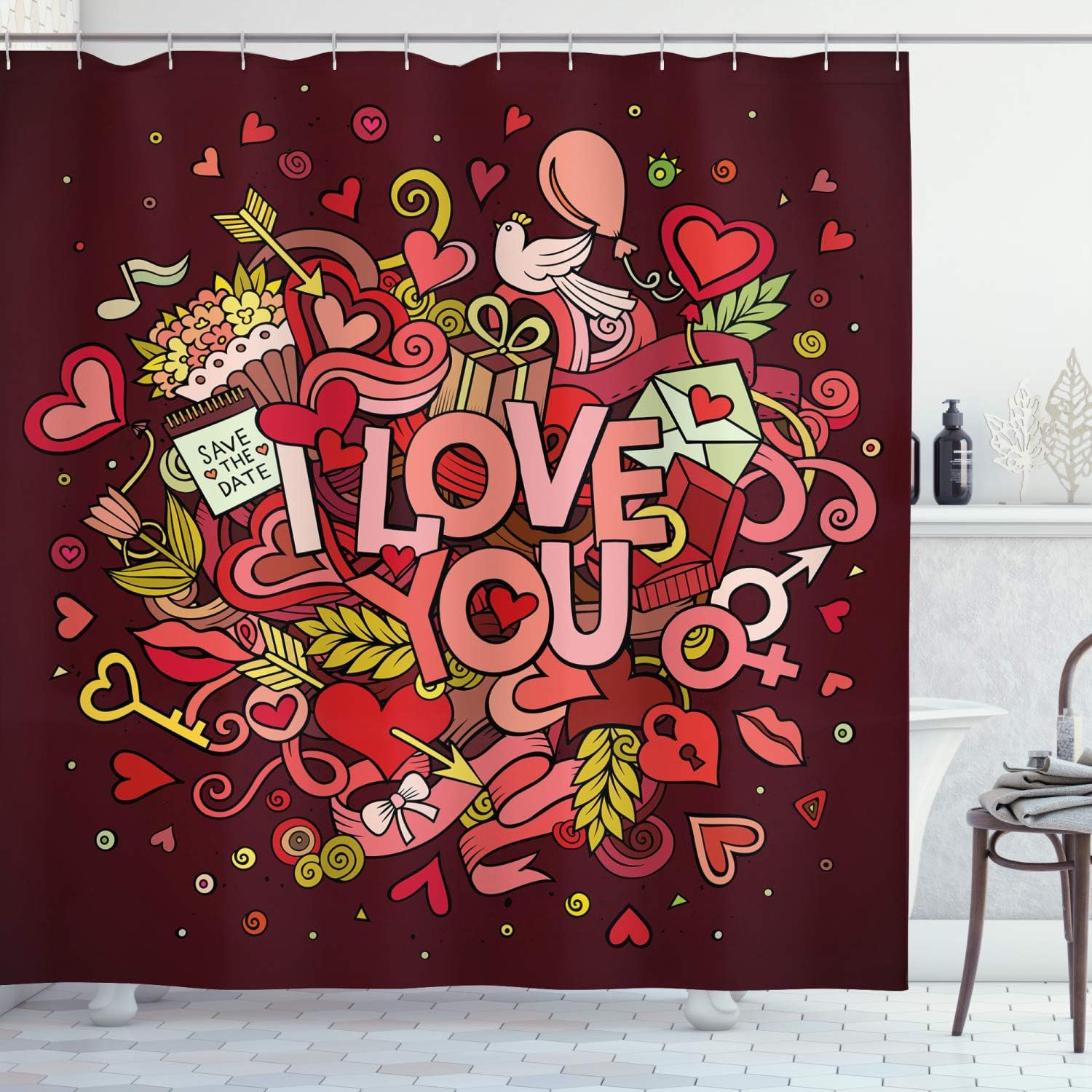 Ambesonne Romantic Shower Curtain, Retro Funky I Love You Words on Hearts Arrows Baloons Birhday Image, Cloth Fabric Bathroom Decor Set with Hooks, 69" W x 75" L, Coral Burgundy