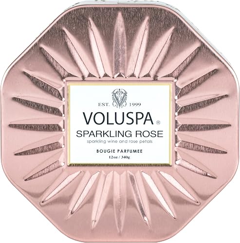 Voluspa Sparkling Rose, 3 Wick Tin Candle, 12 Ounce, 40 Hour Burn Time, Coconut Wax for Clean Burning, Handcrafted in The USA
