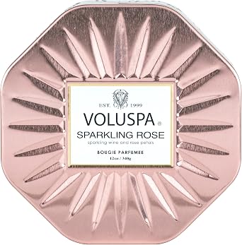 Voluspa Sparkling Rose, 3 Wick Tin Candle, 12 Ounce, 40 Hour Burn Time, Coconut Wax for Clean Burning, Handcrafted in the USA
