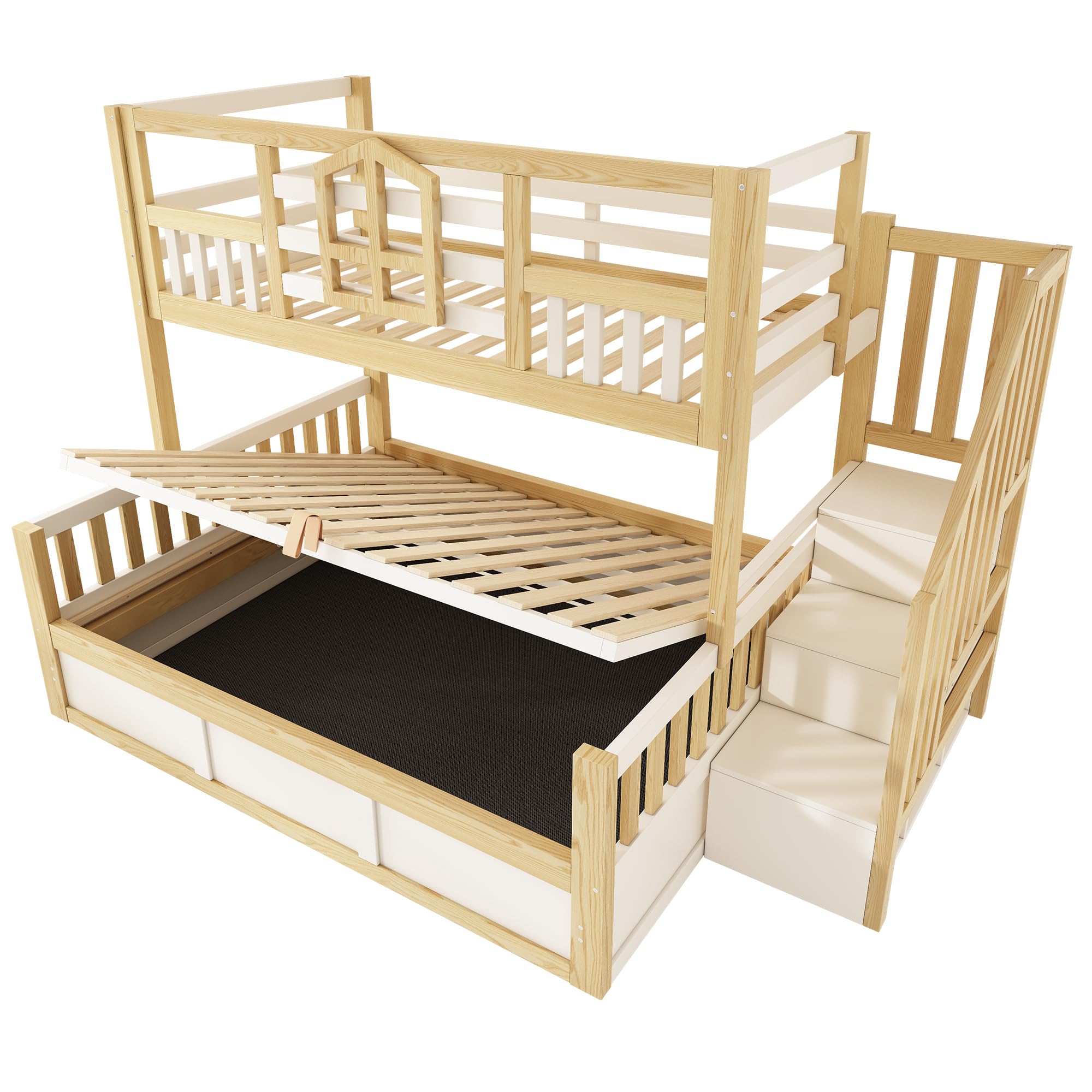 Letto a castello con cassettoni 90x200 cm & 140x200 cm, letto per bambini in stile baita con spazio di archiviazione, scala, protezione rialzata, in pino (J, 90x200cm&140x200cm)