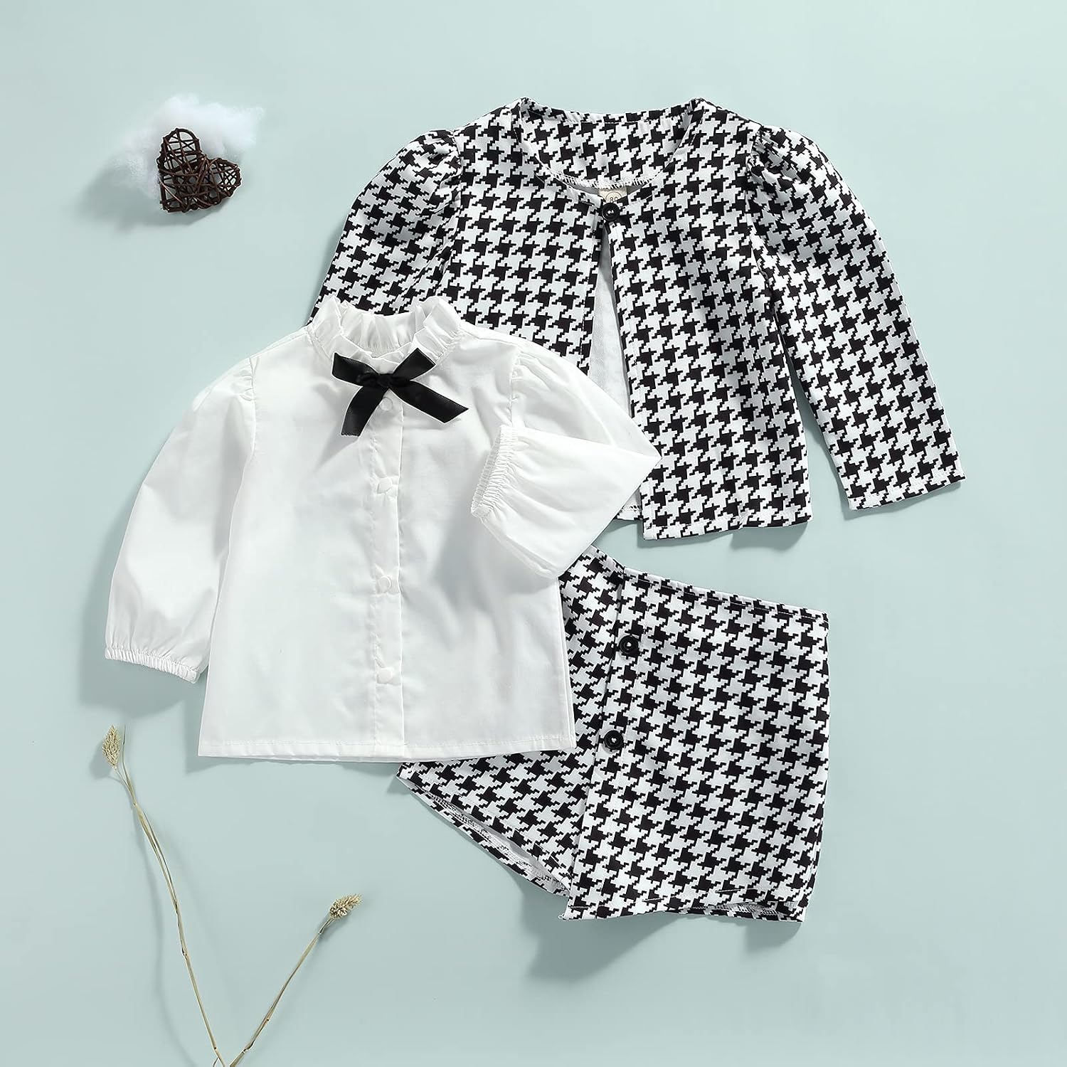 LXXIASHI 3PCS Toddler Baby Girl Ruffle Collar Button-Down Shirt + Long Sleeve Plaid Cardigan + Houndstooth Shorts Sets