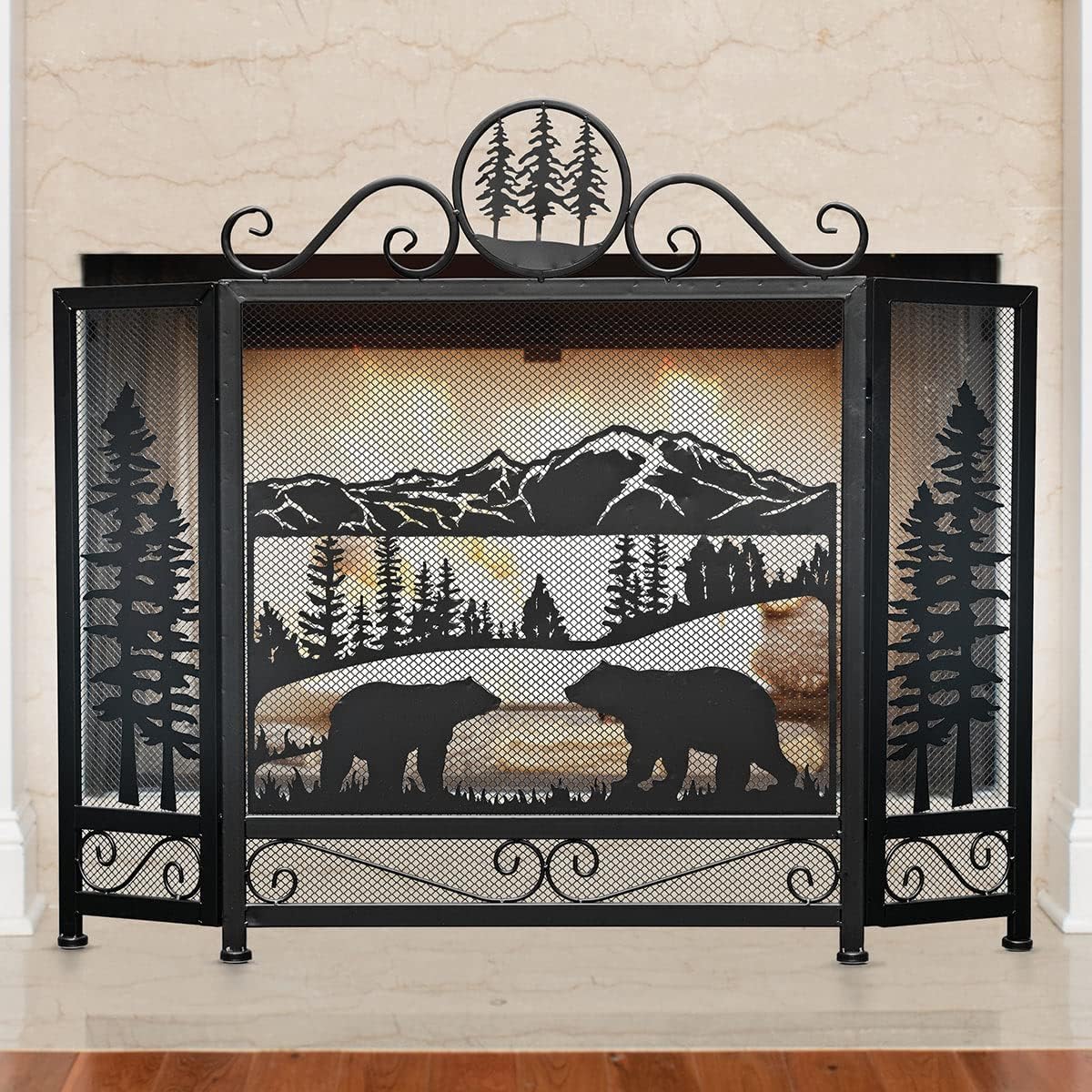 BLACK FOREST DECOR - Bears Mountain Metal Fireplace Screen - Woodland-Inspired Mesh Fireplace Cover, 43 1/4" W x 34 1/2" H