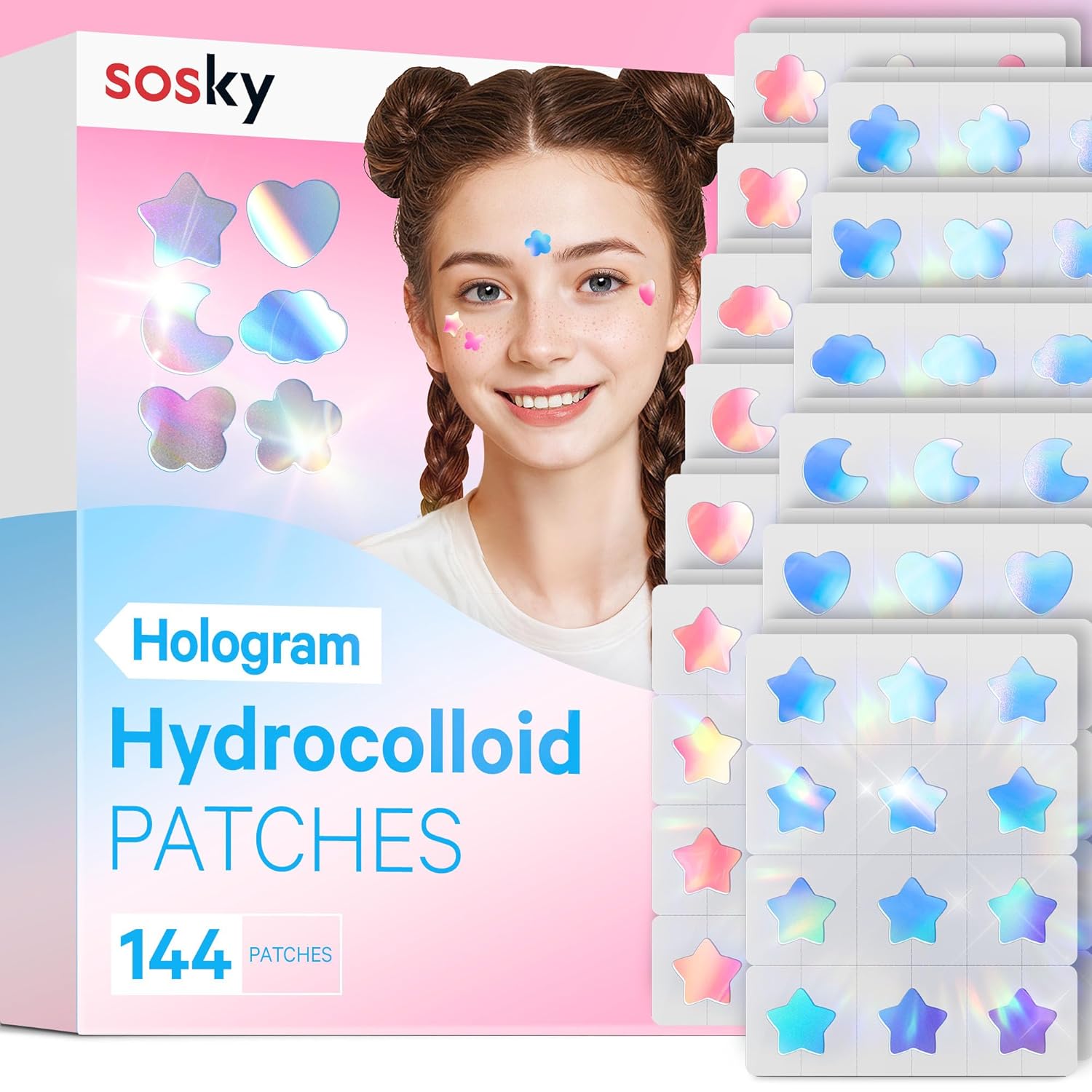 Sosky Hologram Pimple Patches for Face Hydrocolloid Acne Patches with Salicylic Acid Cute Star Zit Stickers Colorful Blemish