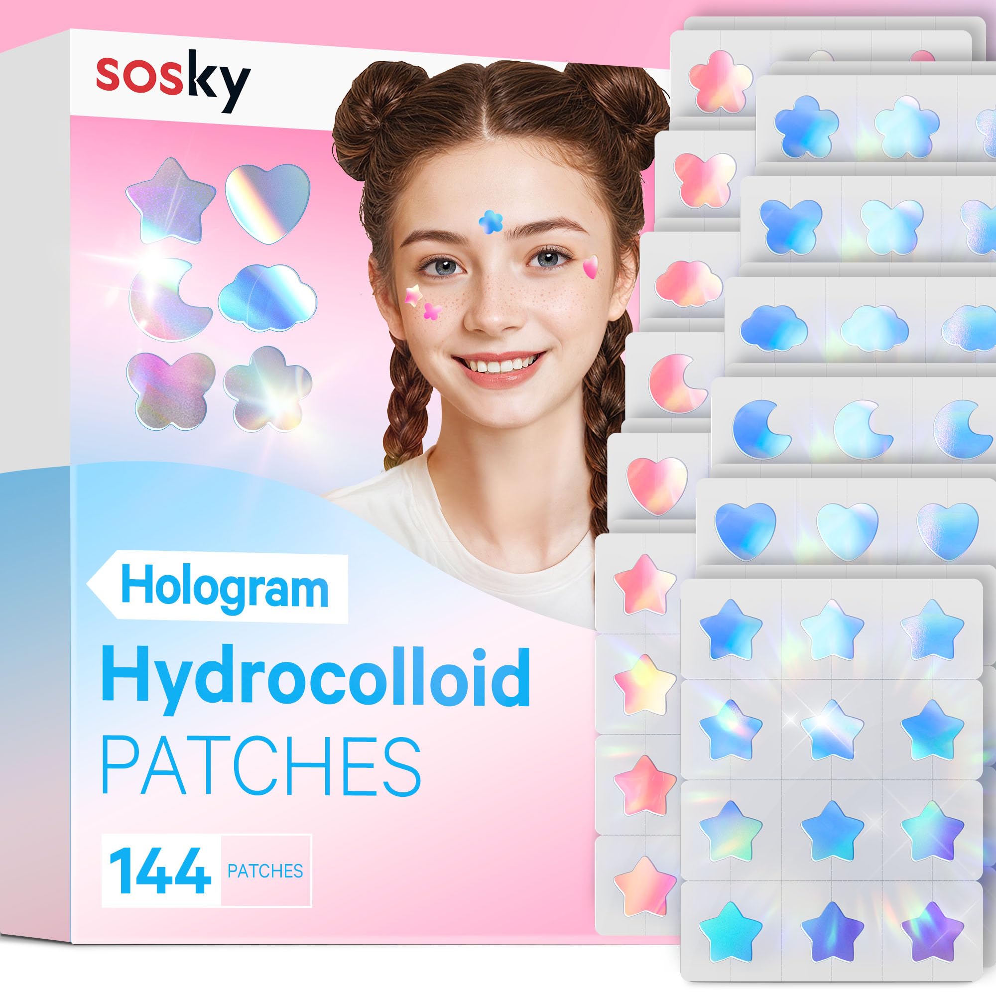 Sosky Hologram Pimple Patches for Face, Hydrocolloid Acne Patches with Salicylic Acid, Cute Star Zit Stickers,Colorful Blemish Covers,144 Count Blue
