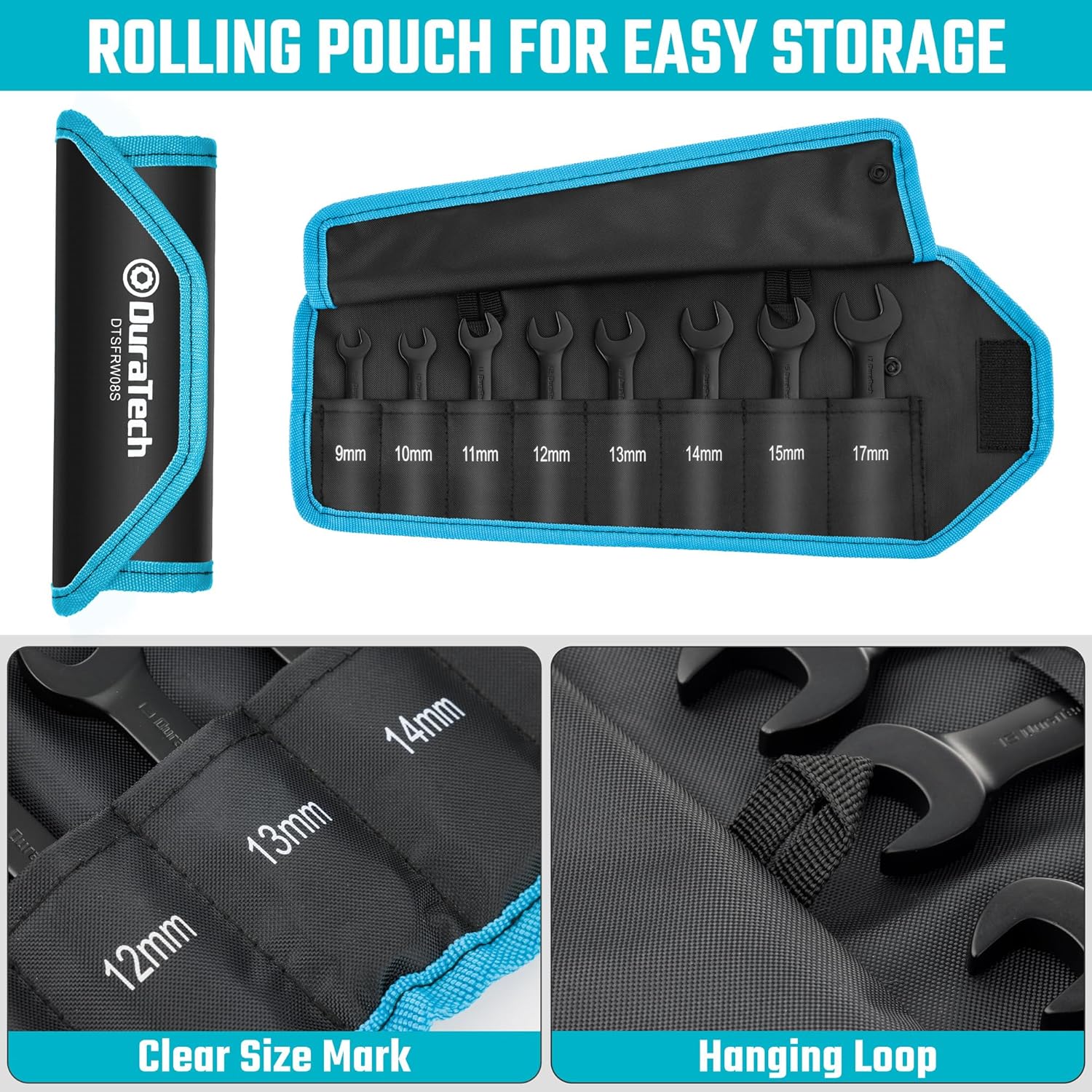 DURATECH Stubby Flex-head Ratcheting Combination Wrench Set, 8-piece, Metric, 9 to 17mm, CR-V Steel, Black Electrophoretic Coating, with Rolling Pouch