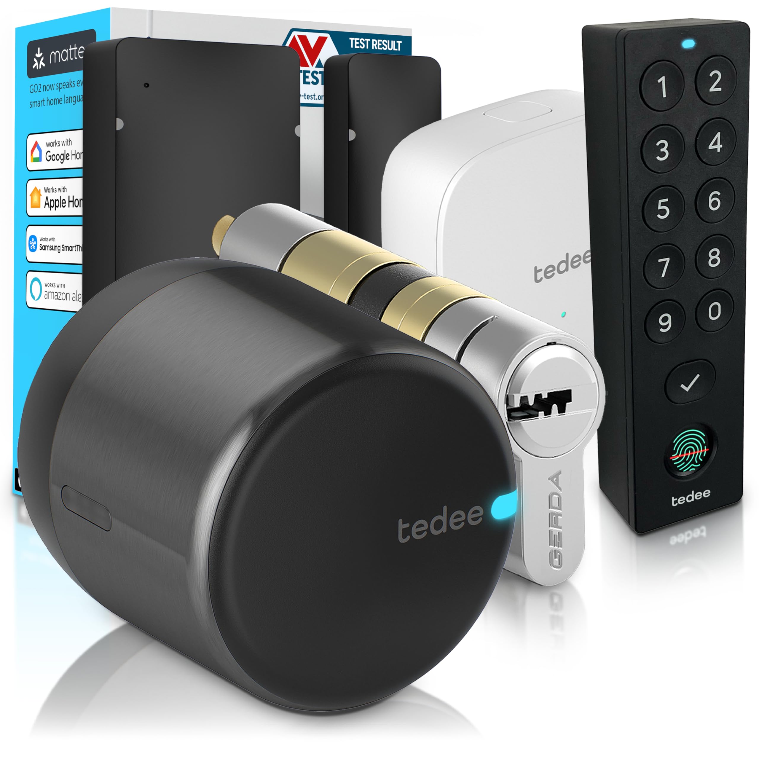 Tedee GO2 Alu Cerradura Inteligente con WiFi, Cilindro Exxo Smart, Huella Dactilar y Sensor de Puerta, Seguridad Clase 6, Acceso Remoto y Bloqueo Automático sin Llave | Alexa, Google, Apple, Matter