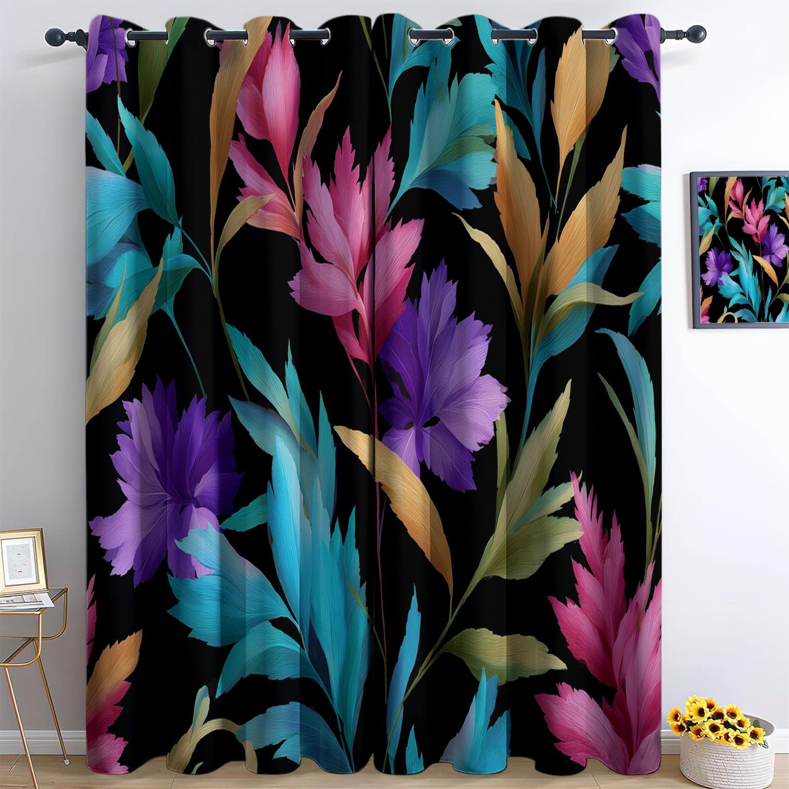Tende Oscuranti per Interni Piante E Fiori, 70x160 cm (LxA) 2 Pezzi Termica Isolante Poliestere Nero Tenda della Finestra per Soggiorno Camera da Letto Cucina Cameretta Bambina