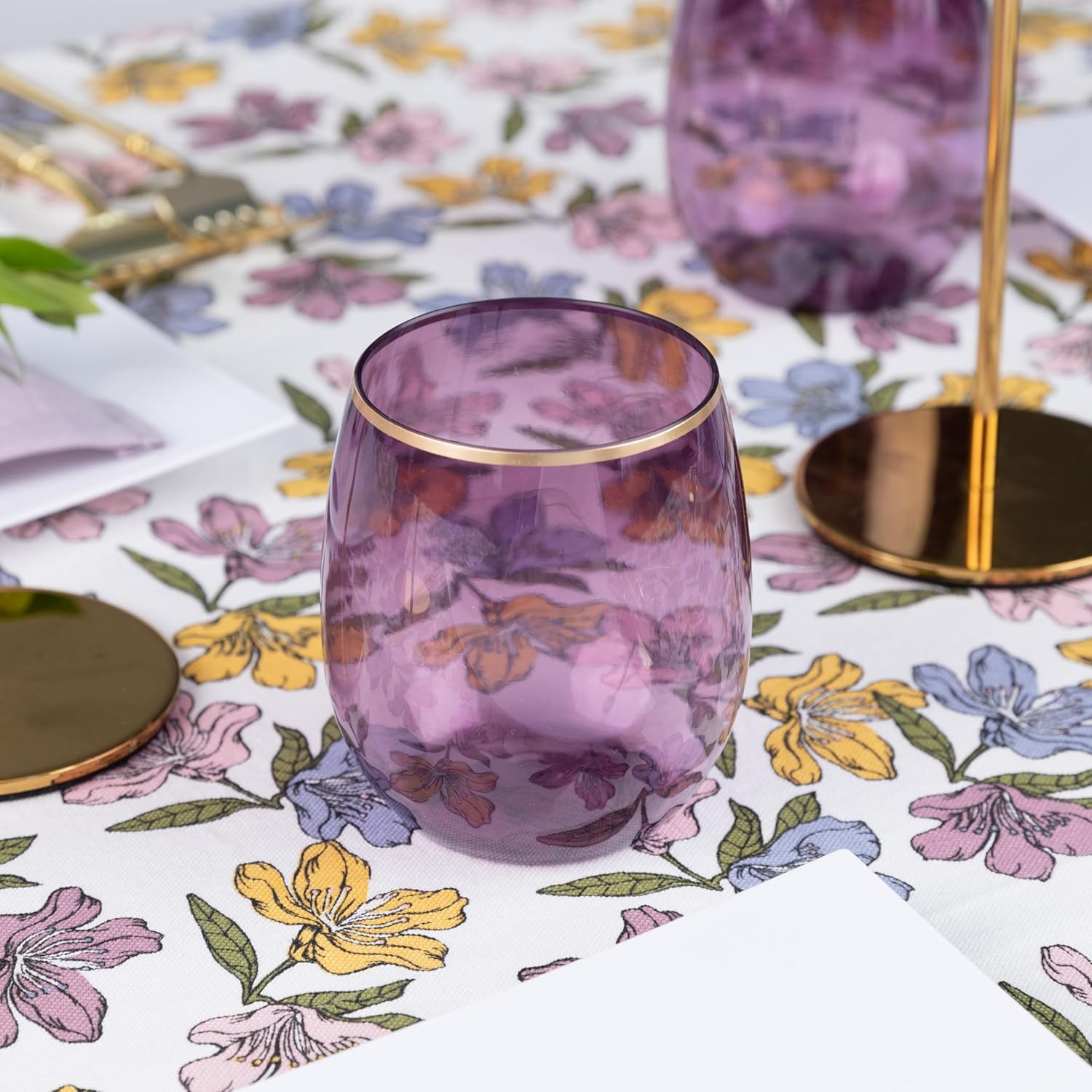 plasticpro 12 pack purple with gold rim plastic wine glasses stemless disposable 12 oz bpa free shatterproof plastic wine cups wine glasses for parties purple & gold rim 12