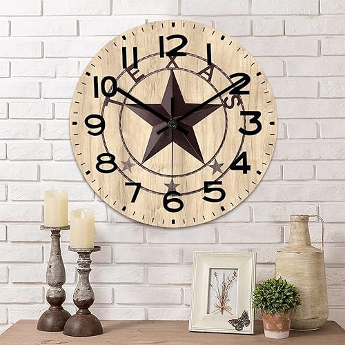 Reloj de pared redondo de 15 pulgadas con estrella del oeste de Texas, reloj de pared decorativo de madera antigua, sin tictac, funciona con pilas,