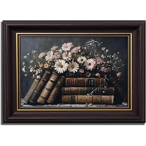 Vintage black Framed Daisies Wall Art Farmhouse Plant Flowers Books Canvas Painting Picture Wall Decor White and Pink Moody Wildflowers Poster Print Artwork for Study Bedroom Kitchen Home Decoration