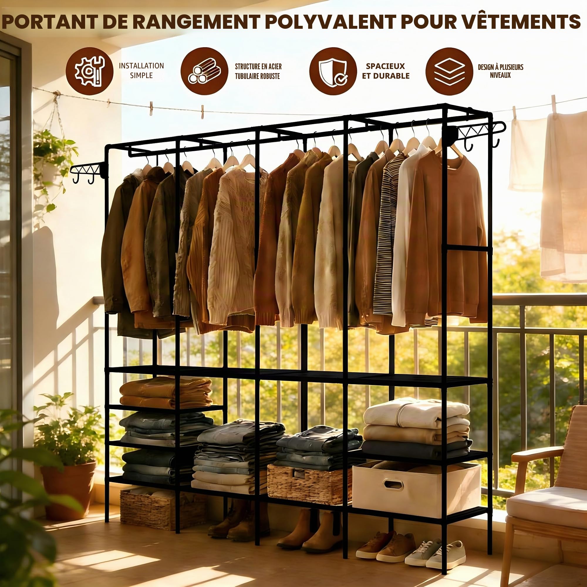 Huracan Porte-manteaux, Armoire ouverte avec penderie et étagères, Armoire debout en métal, Porte-manteaux pour la chambre à coucher, le salon et l'entrée, Noir