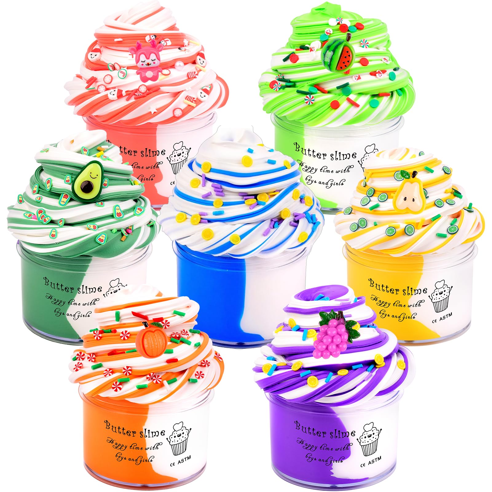 7 Pack Fluffy Butter Rainbow Slime, Non-Sticky and Soft for Boys, Scented Slime Party Favors, Birthday Gift, Stress Relief Toy for Kids