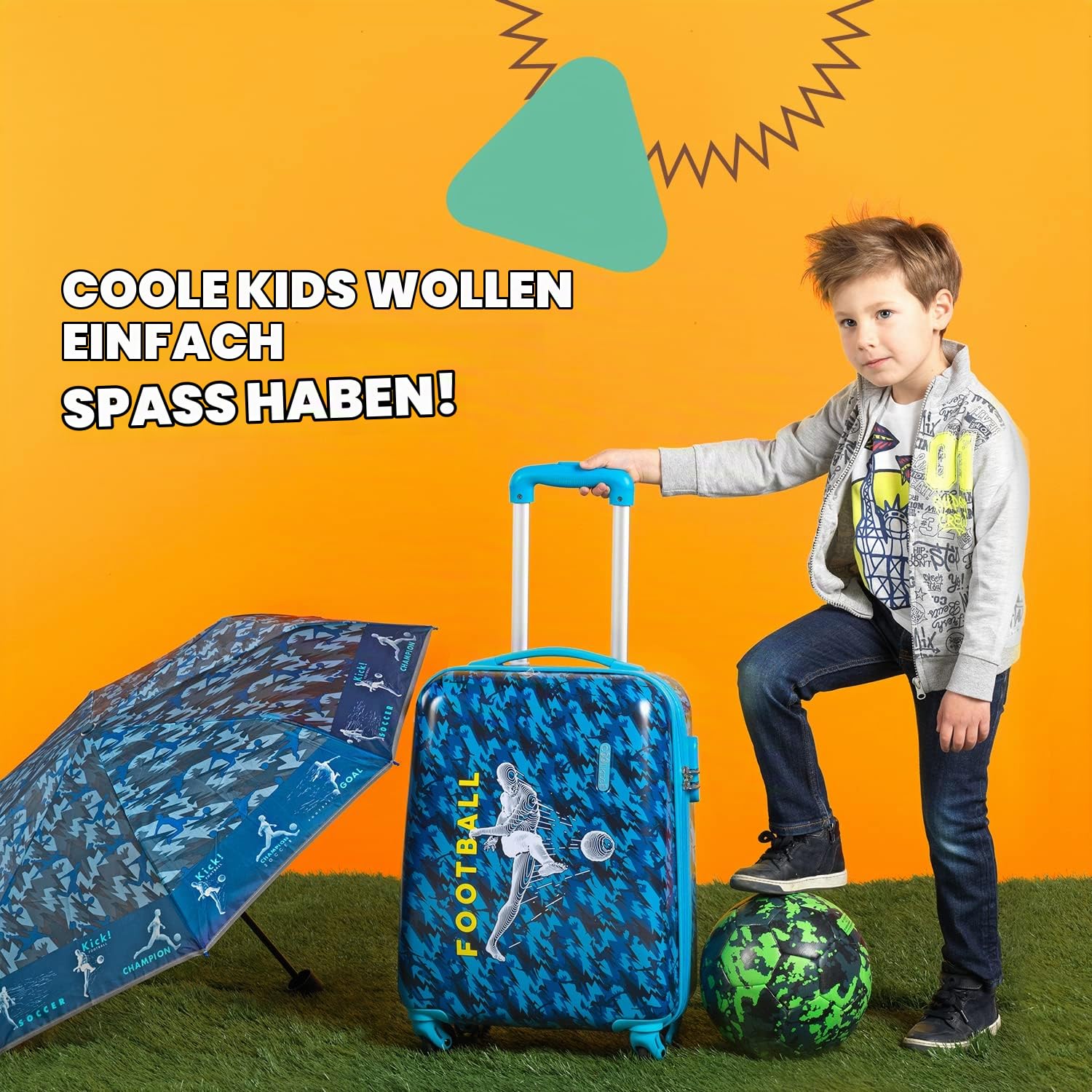 PERLETTI Blauer Kinderkoffer Fußballer - Kinder Trolley Handgepäck Leicht 4 Rollen und Zahlenschloss - Hartschalen Cabin Bag Kabinentrolley Junge - Koffer Lufthansa Ryanair 51x35x20 cm (Fußball, XS)