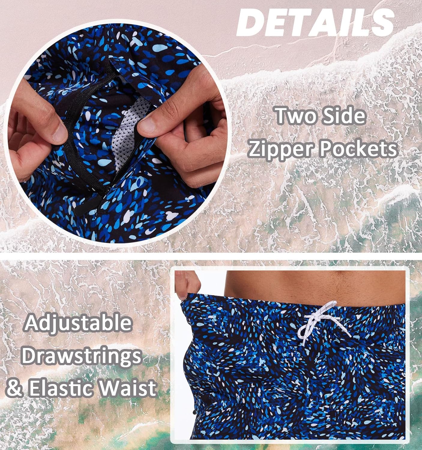 Aueyan Mens Swim Trunks 5.5 inch with Compression Liner Zipper Pockets,Quick Dry Swimsuit Trunks Funny Beach Board Shorts