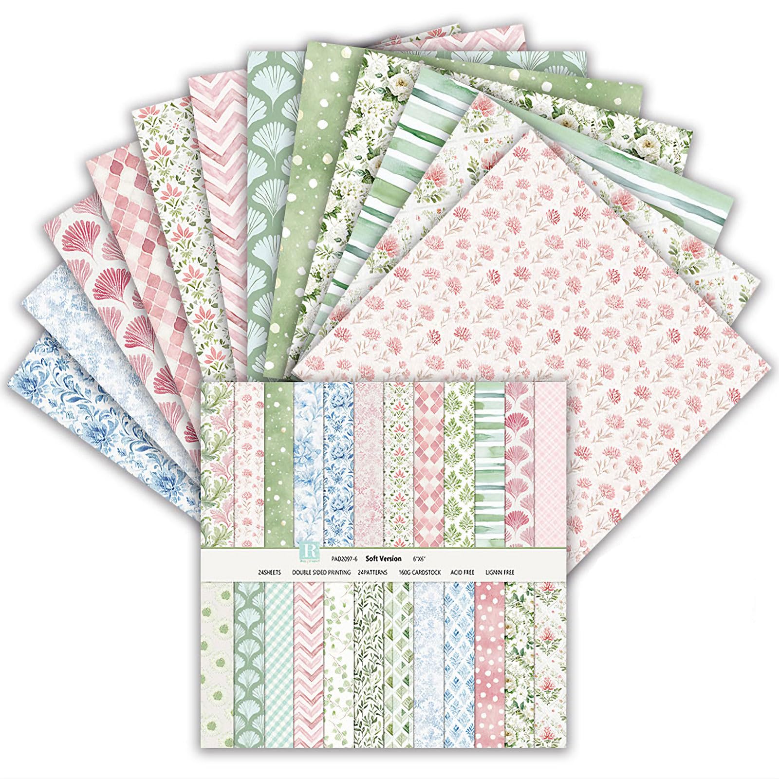 24 Sheets Scrapbook Paper, 6 Inch Double-Sided Elegant Patterned Paper, 24 Designs, Scrapbooking Supplies for DIY Photo, Album and Scrapbook Decoration (Green and Pink, 15.2x15.2cm)