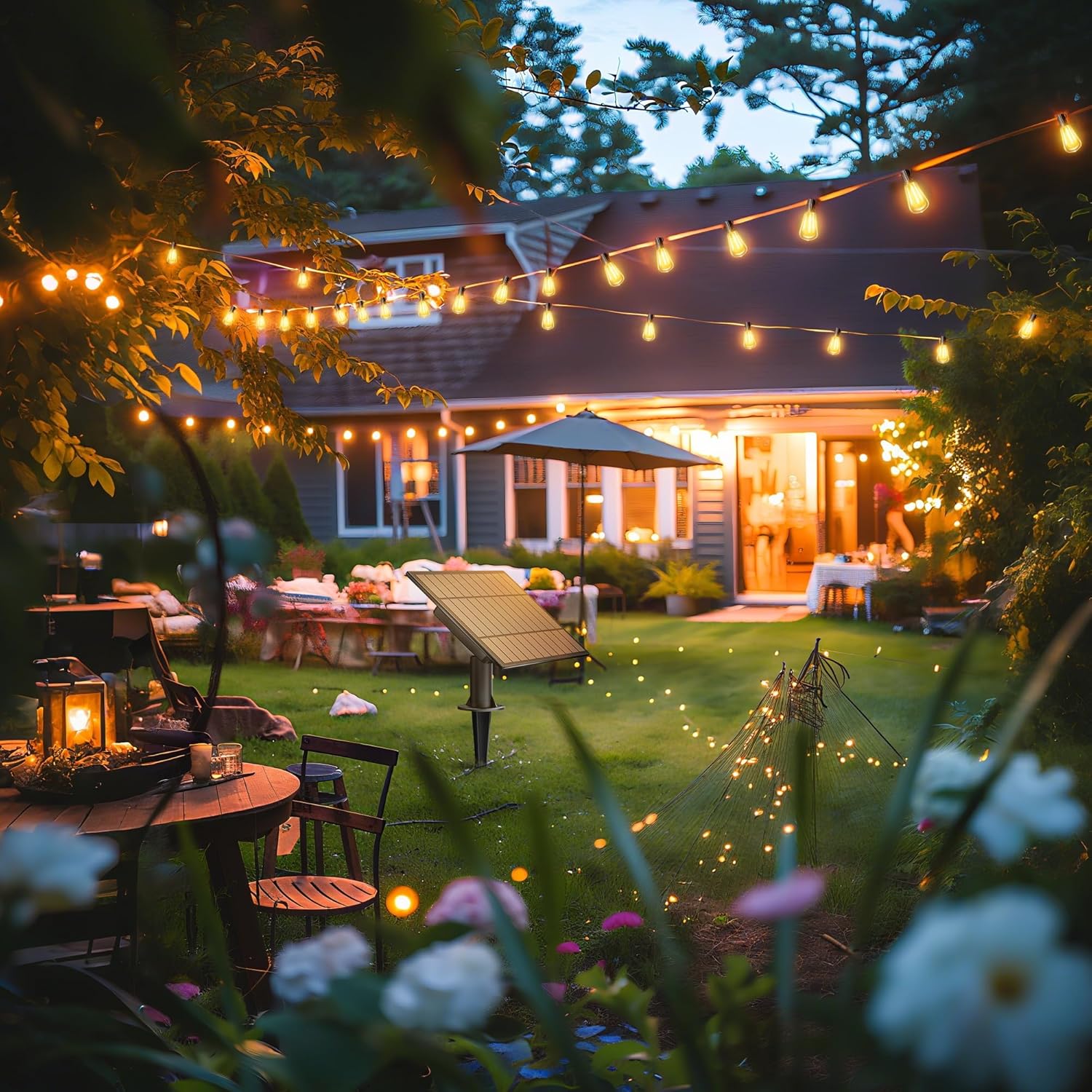 An outdoor scene with solar string lights illuminating a backyard, demonstrating the bulbs in use.