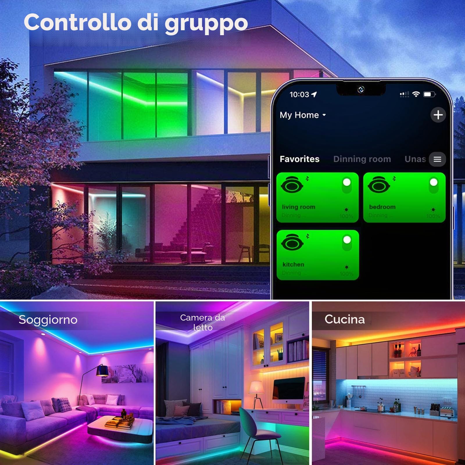 RGB+IC - Nastro LED COB 10 m, striscia led strip con controller WIFI 576 LEDs/M 24 V, dimmerabile, multicolore