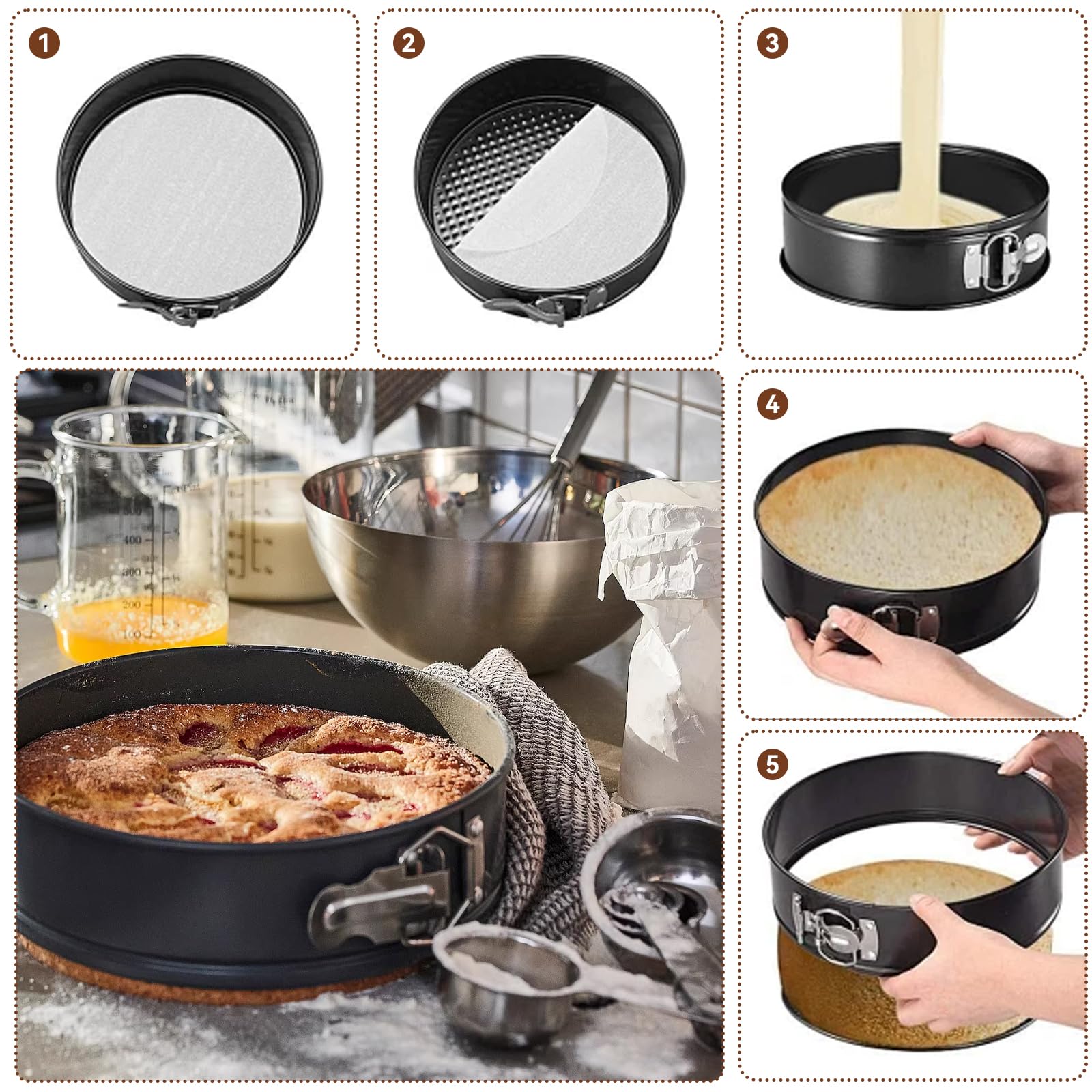 3 Stück Rund Springform, 20/22/24 CM Kuchenform, Abnehmbarer Antihaftboden Springformen, Kohlenstoffstahl Backformen Geeignet zum Backen Aller Arten von Kuchen und Broten