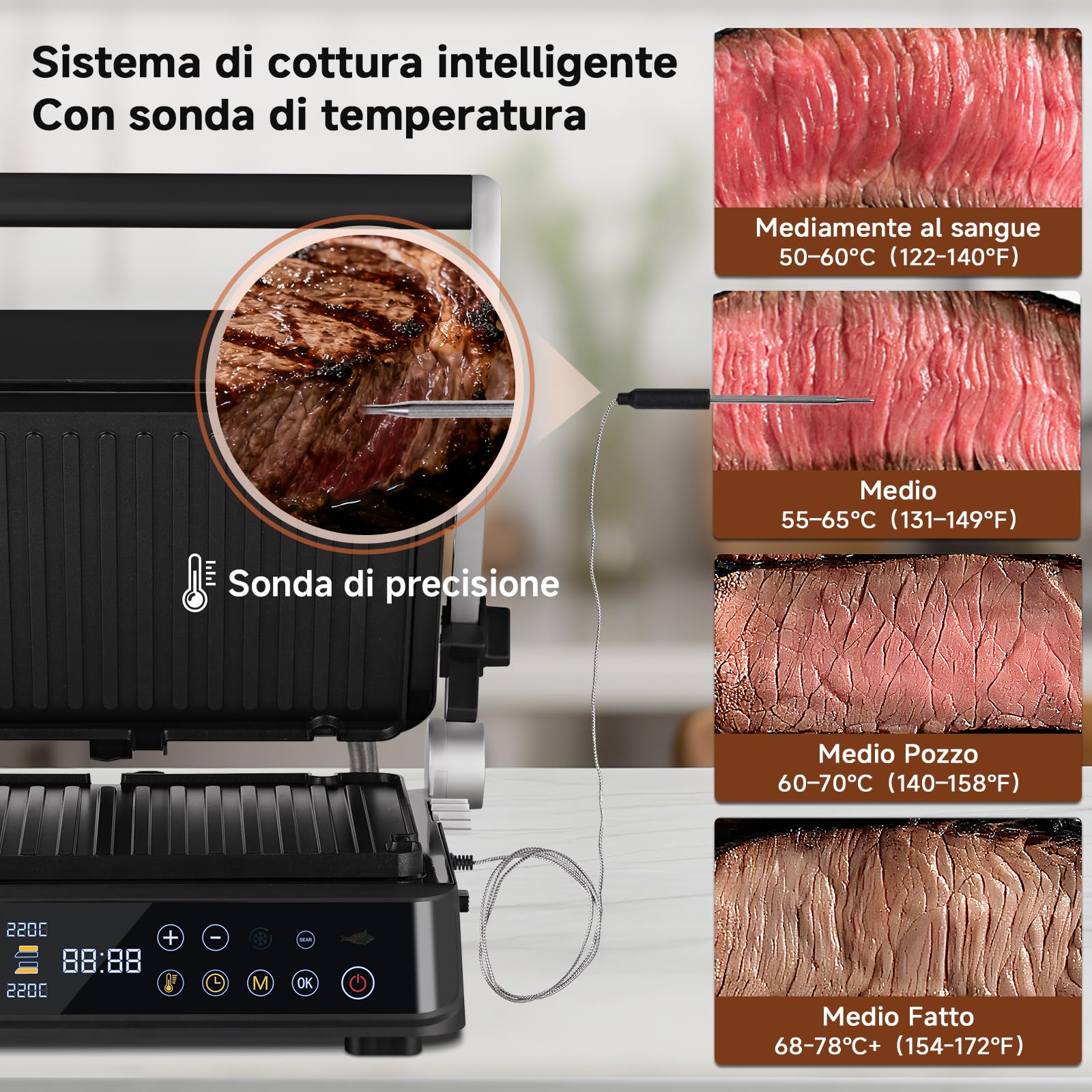AMAZHEF Griglia Elettrica Multifunzione 6 in 1 con Sensore di Temperatura, Funzione Sear 280°C, Doppio Termostato Indipendente, Piastre Lavabili in Lavastoviglie, Waffeliera, Barbecue, Panini